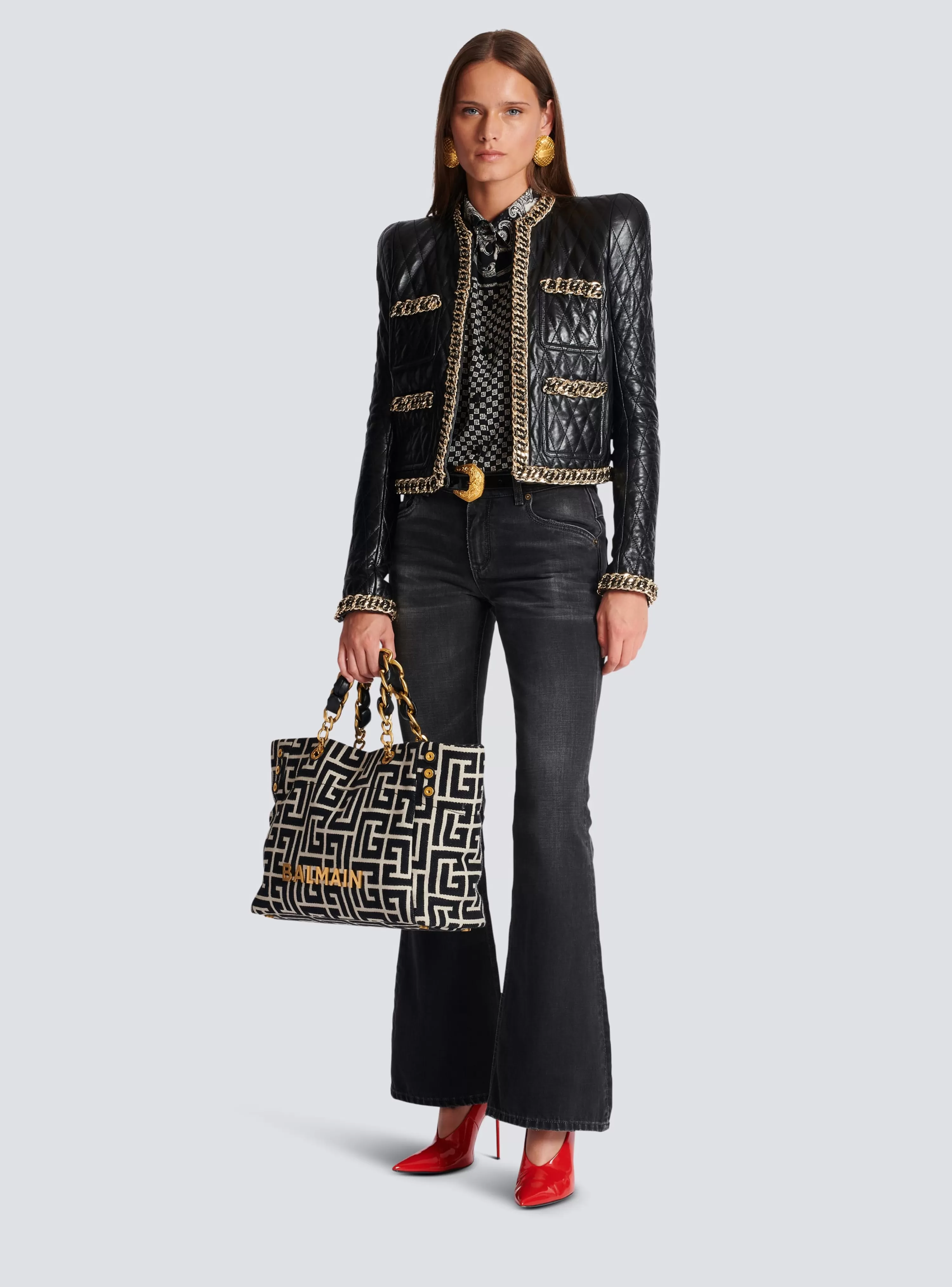 Women Balmain 1945 Soft Monogrammed Jacquard Tote Bag