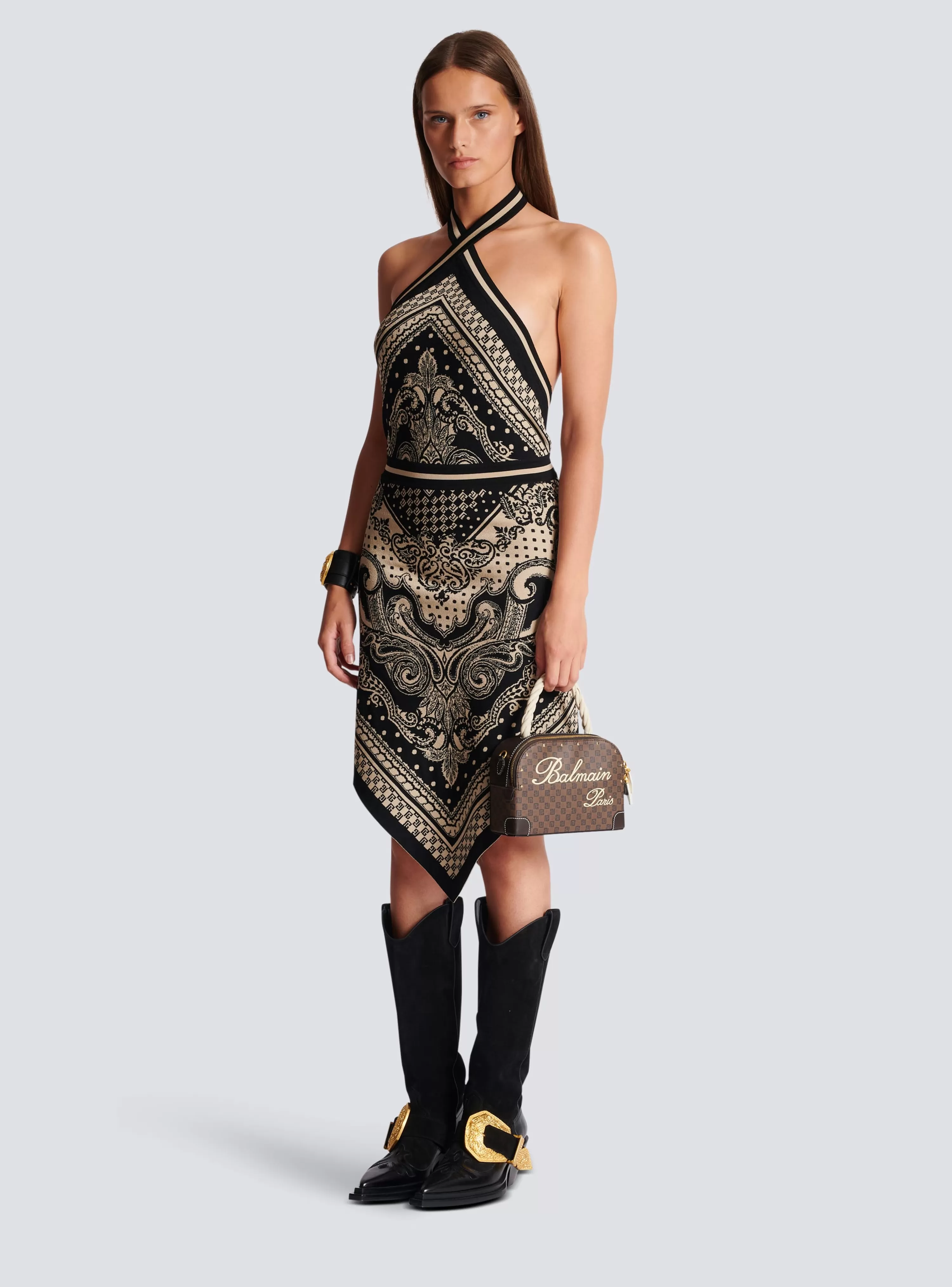 Women Balmain Backless Knit Paisley And Monogram Dress