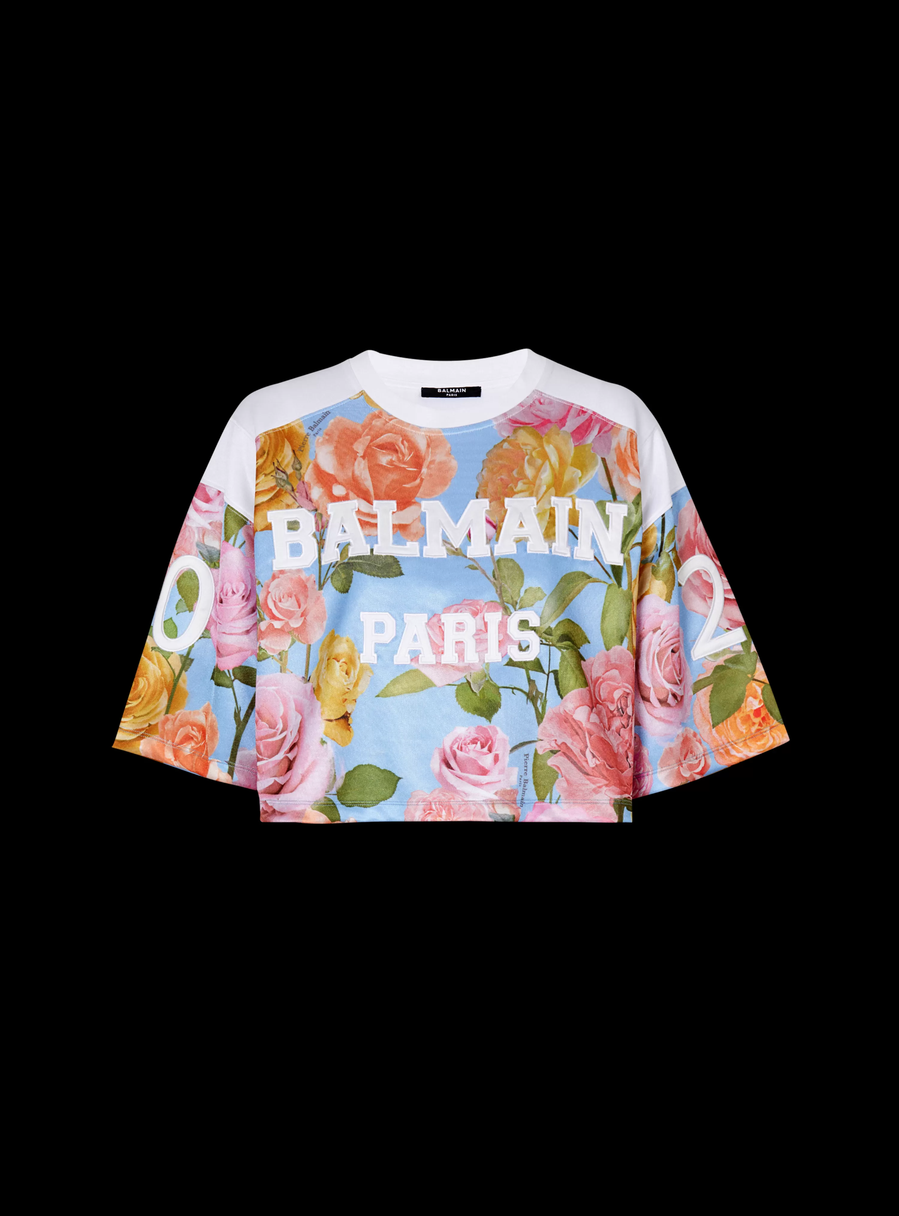 Women Balmain Baseball T-shirt With Pastel Roses Print