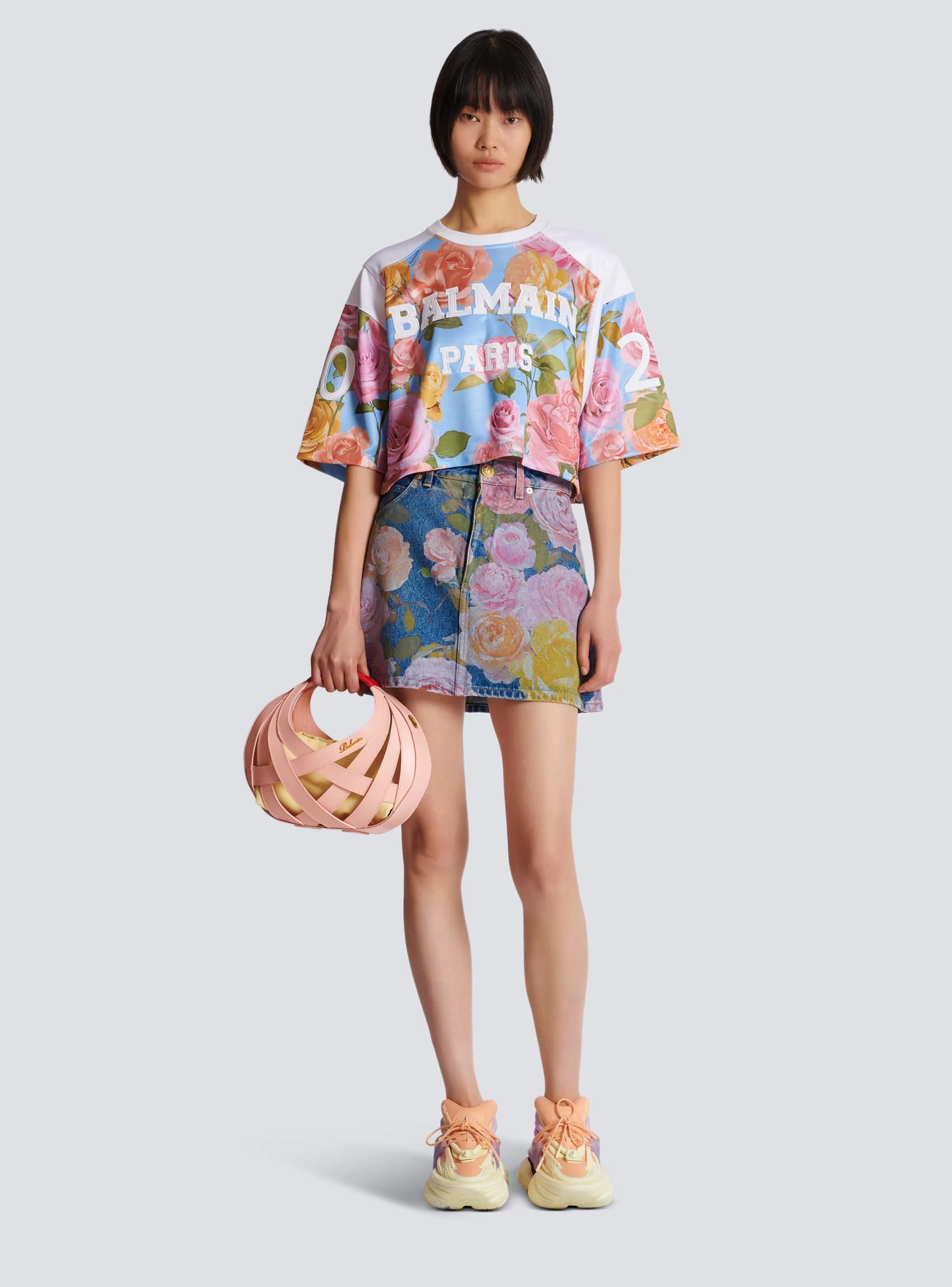 Women Balmain Baseball T-shirt With Pastel Roses Print