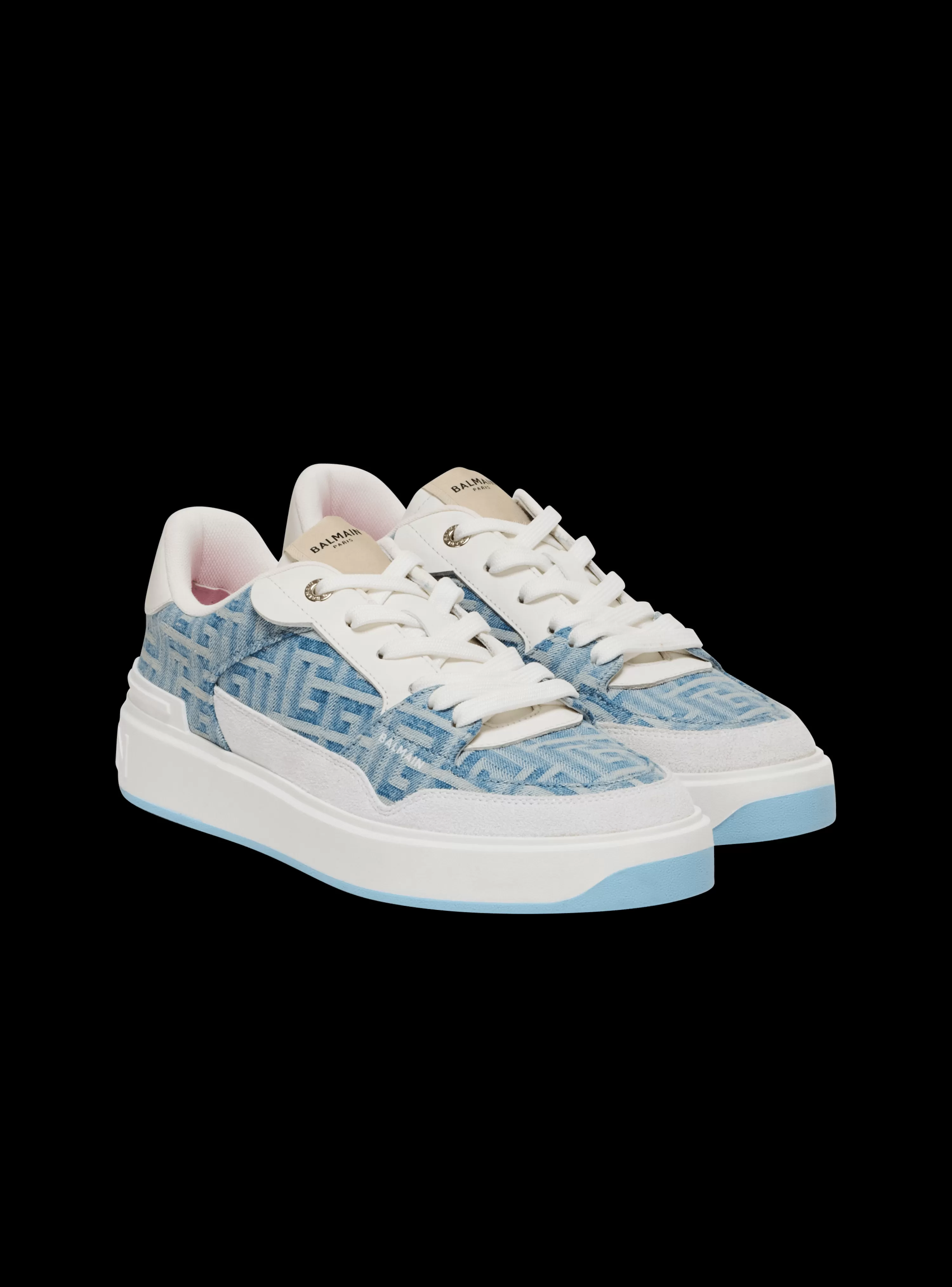 Women Balmain B-Court Flip Trainers In Monogrammed PB Labyrinth Denim