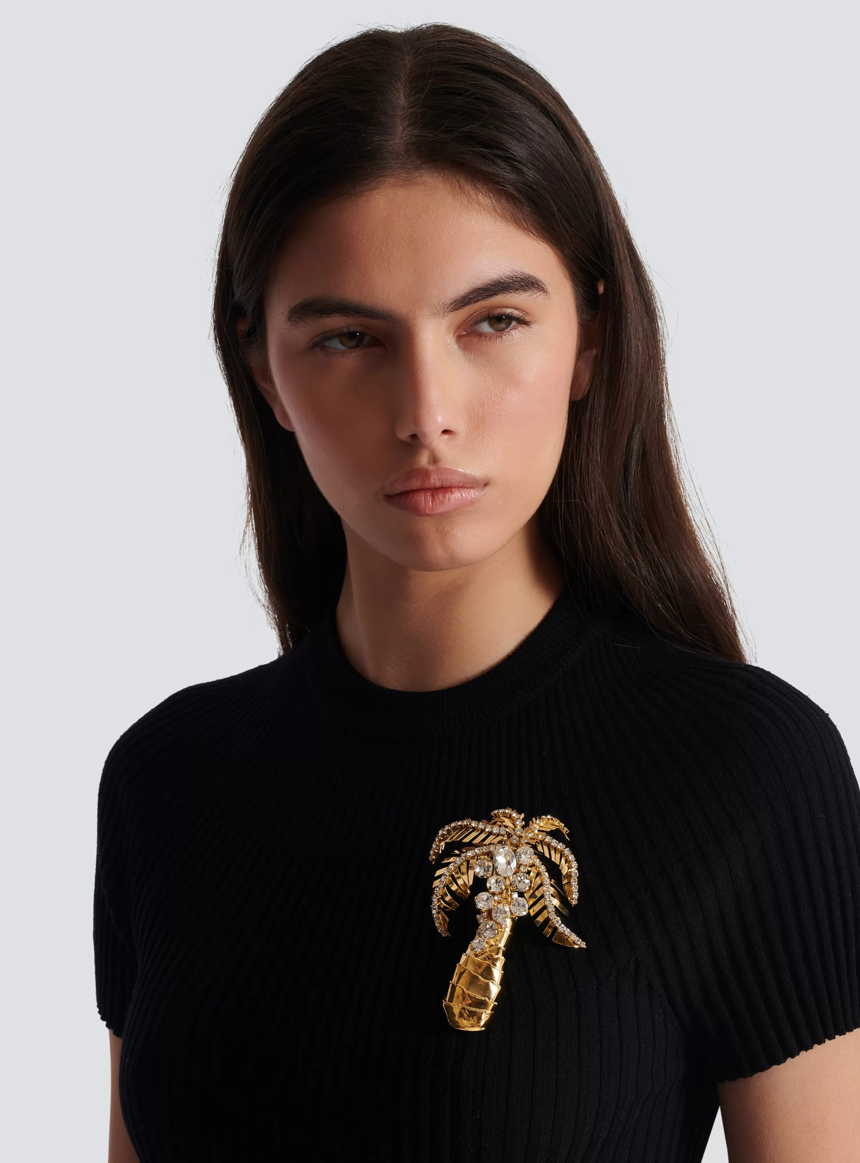 Women Balmain Brass And Crystal Palm Tree Brooch