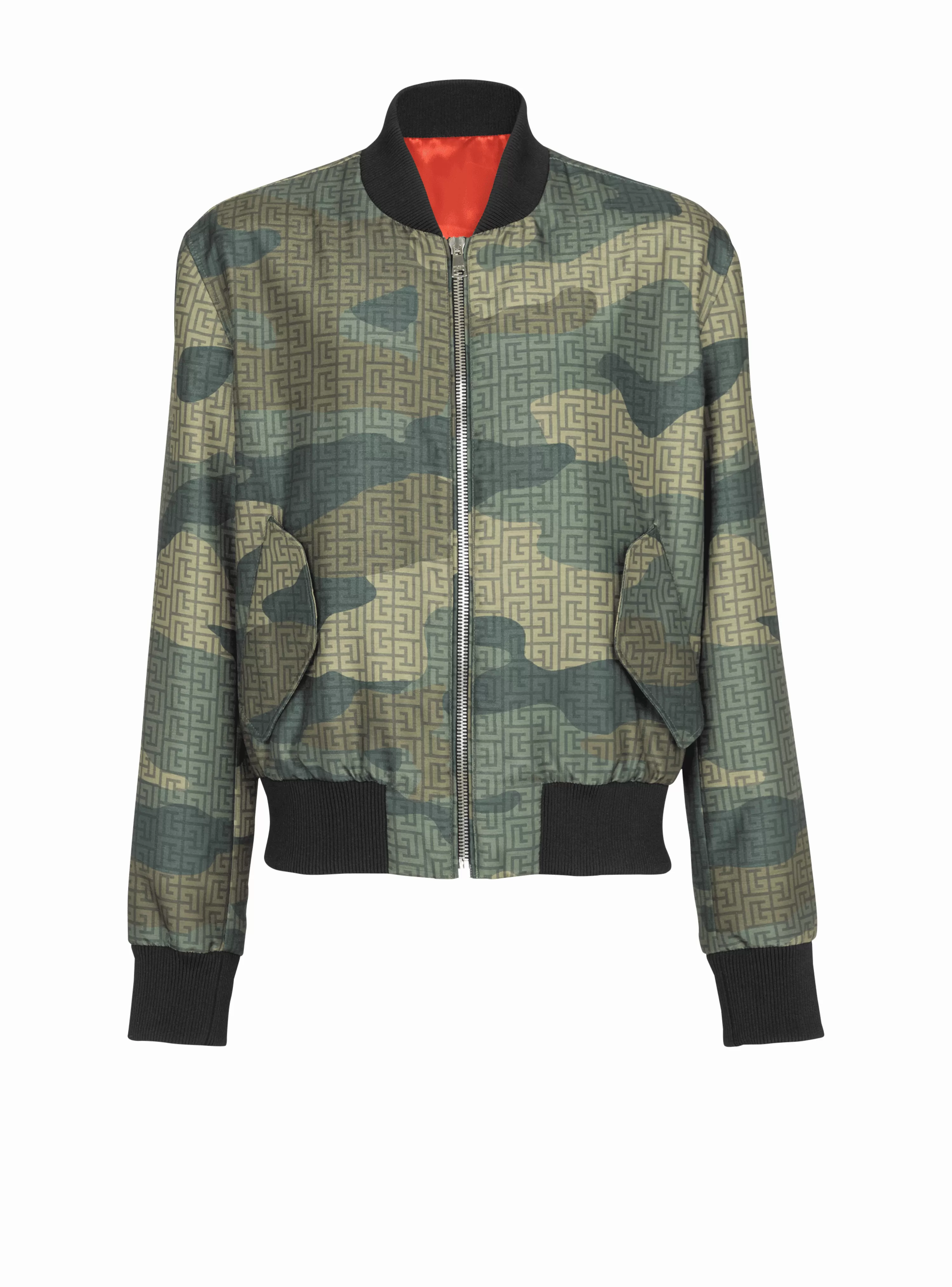 Balmain Camouflage Monogrammed Shantung Bomber Jacket