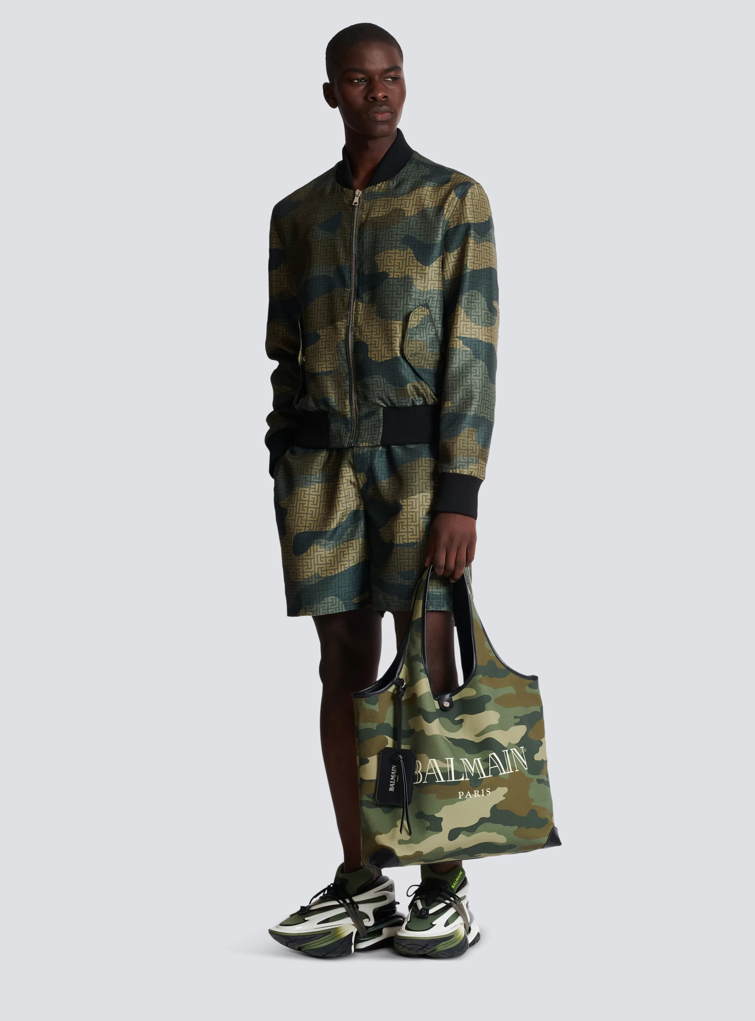 Balmain Camouflage Monogrammed Shantung Bomber Jacket