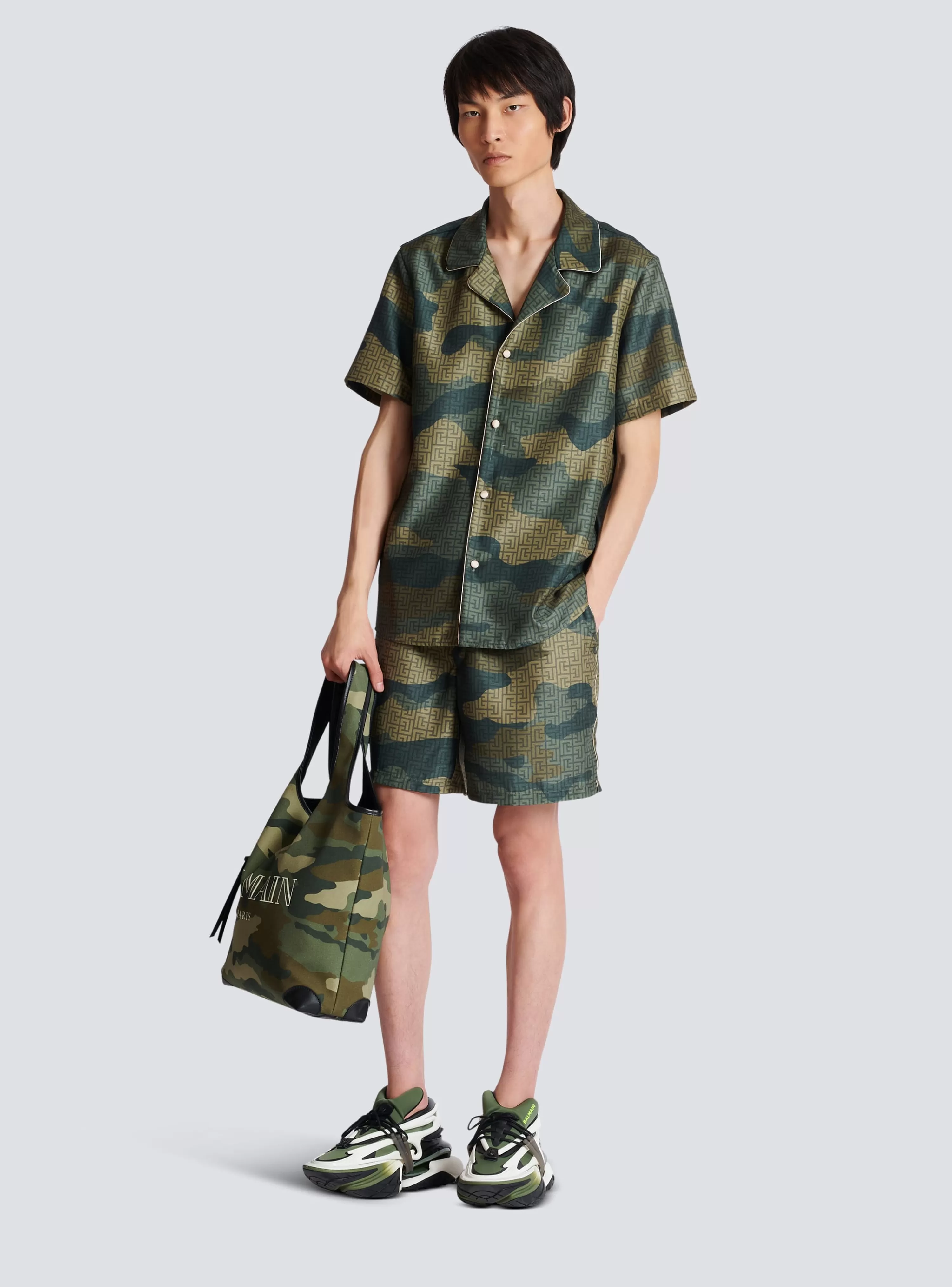 Balmain Camouflage Monogrammed Shantung Shorts