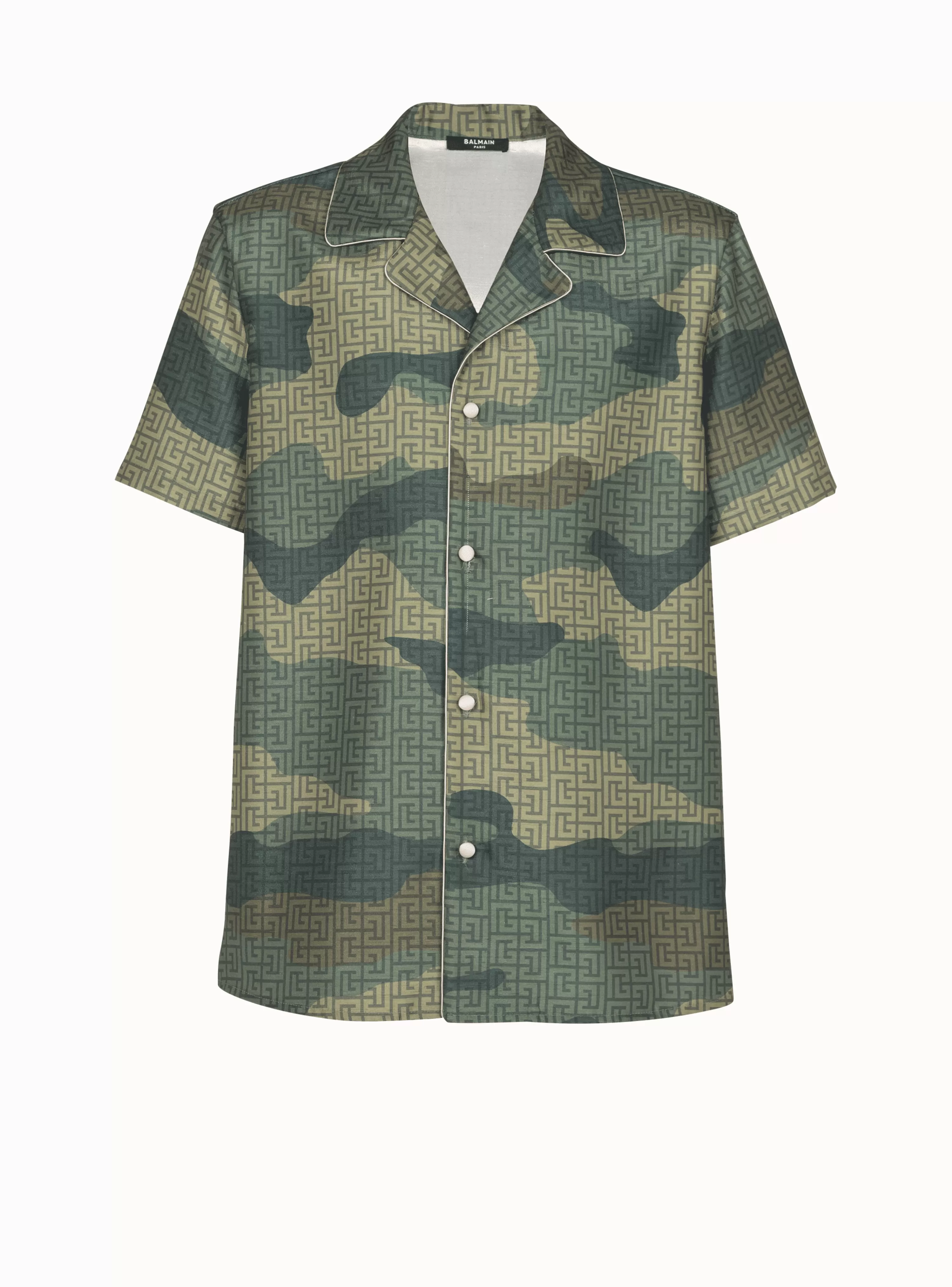 Balmain Camouflage Monogrammed Shantung Short-sleeved Shirt