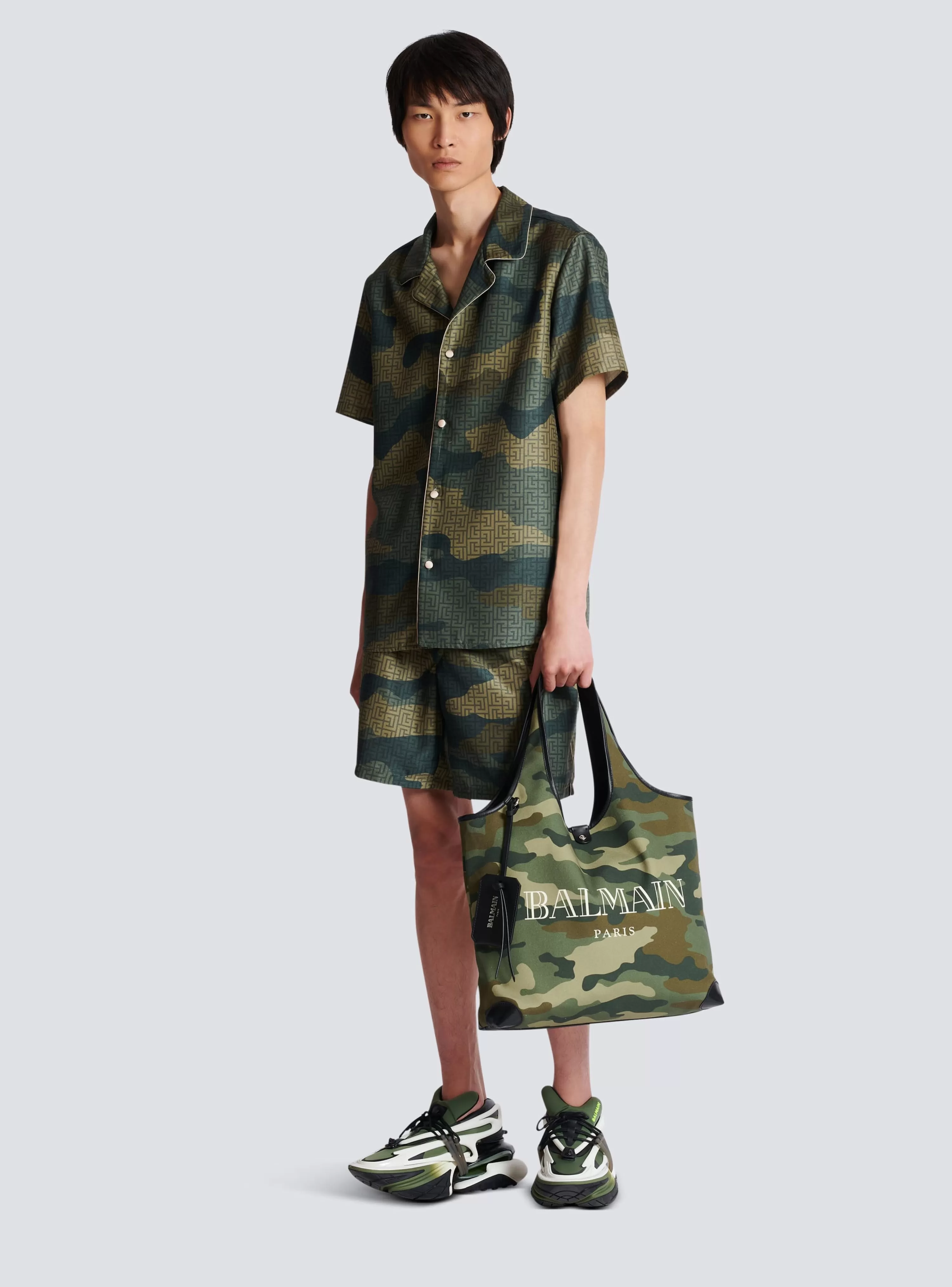 Balmain Camouflage Monogrammed Shantung Short-sleeved Shirt