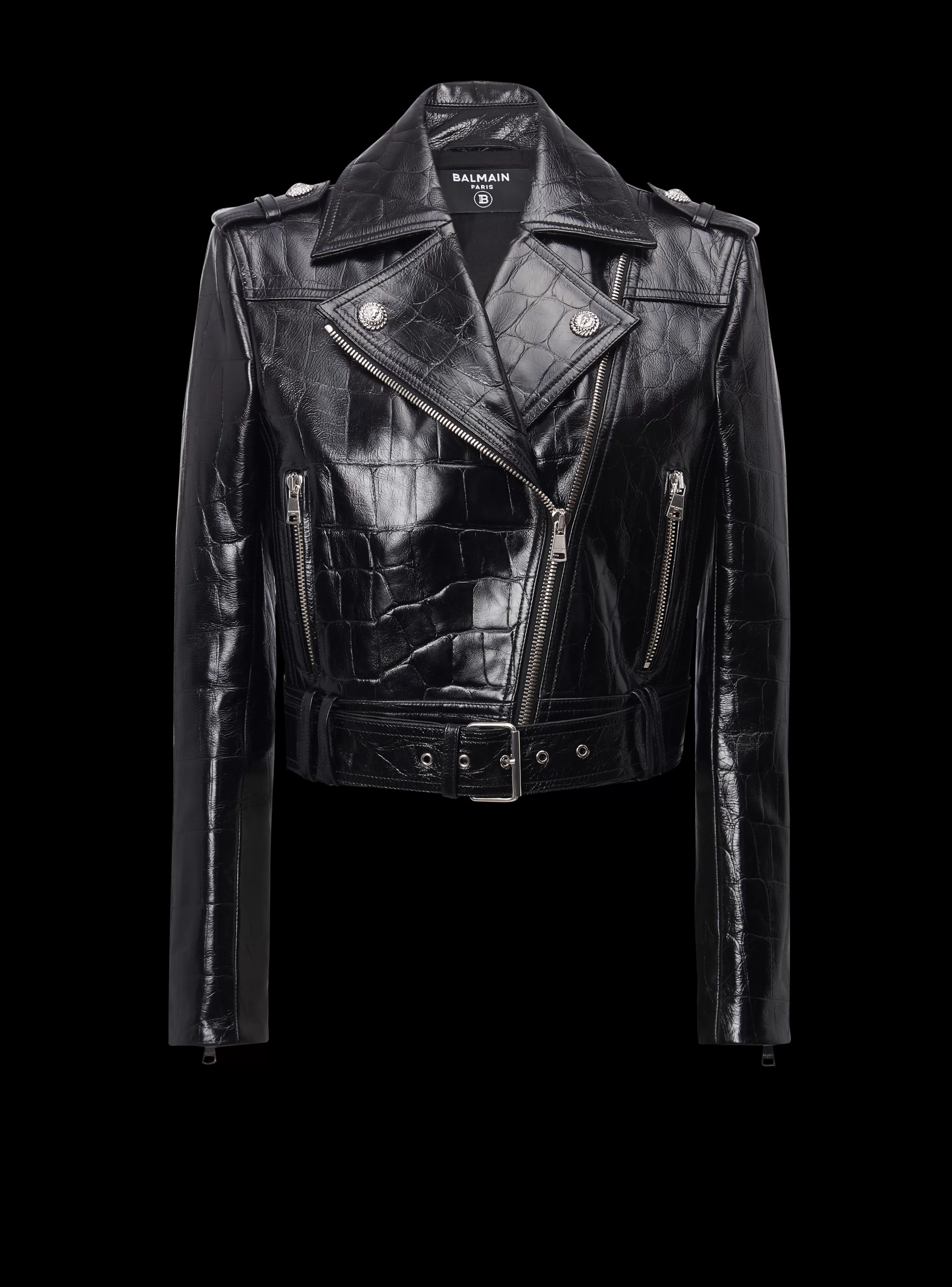 Women Balmain Crocodile-effect Leather Biker Jacket