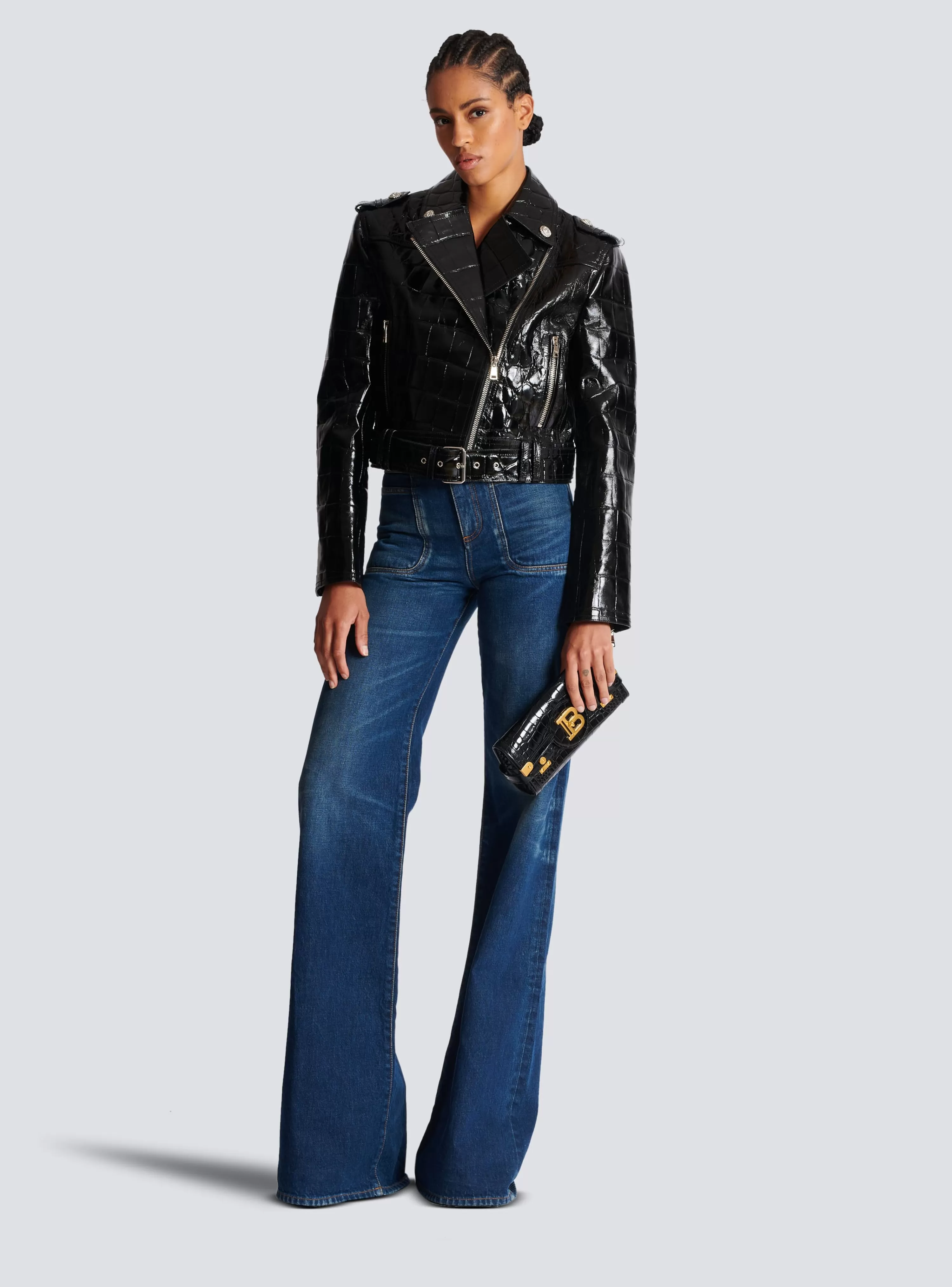 Women Balmain Crocodile-effect Leather Biker Jacket