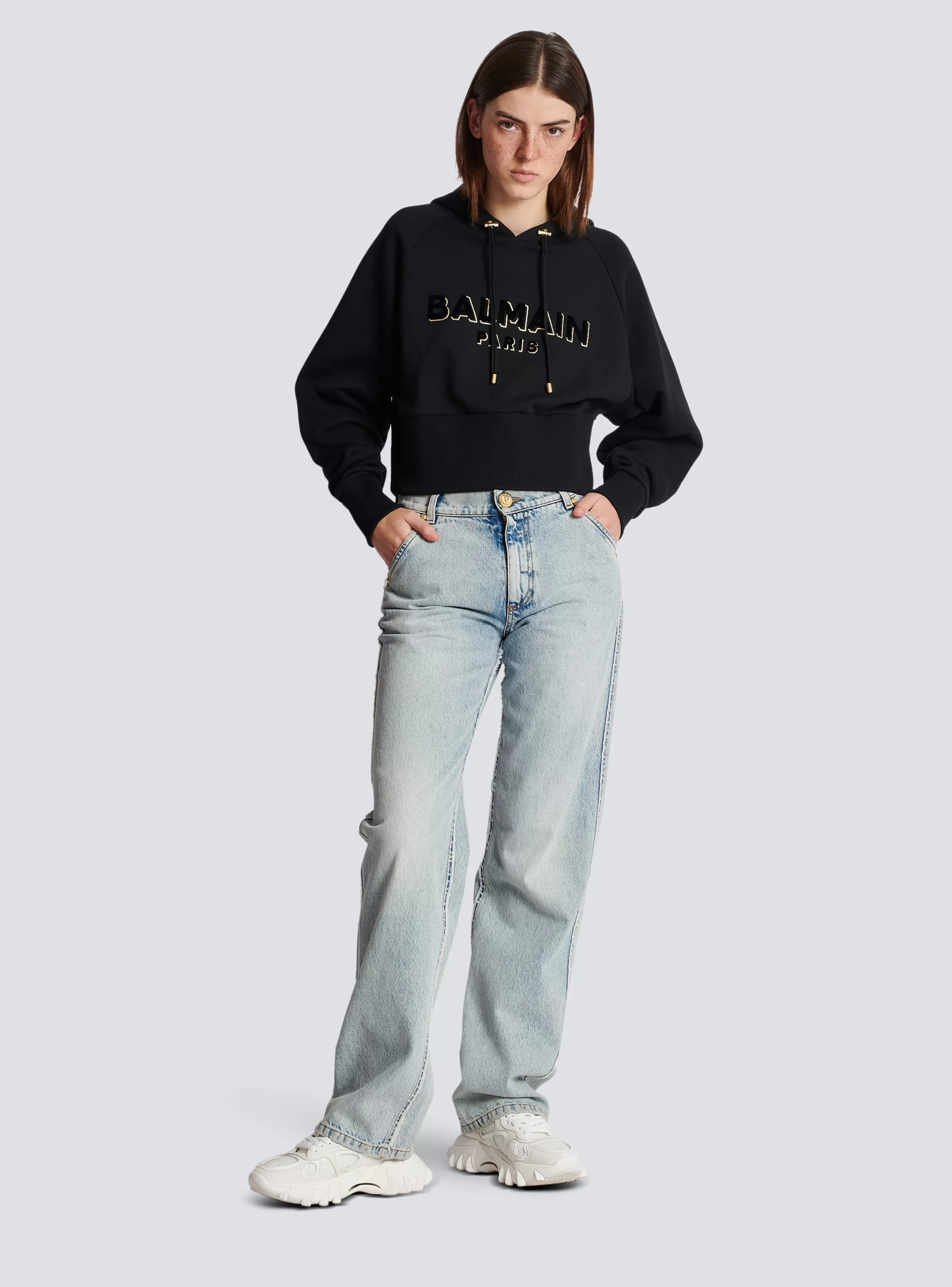 Women Balmain Cropped Cotton Sweatshirt With Flocked Metallic Logo