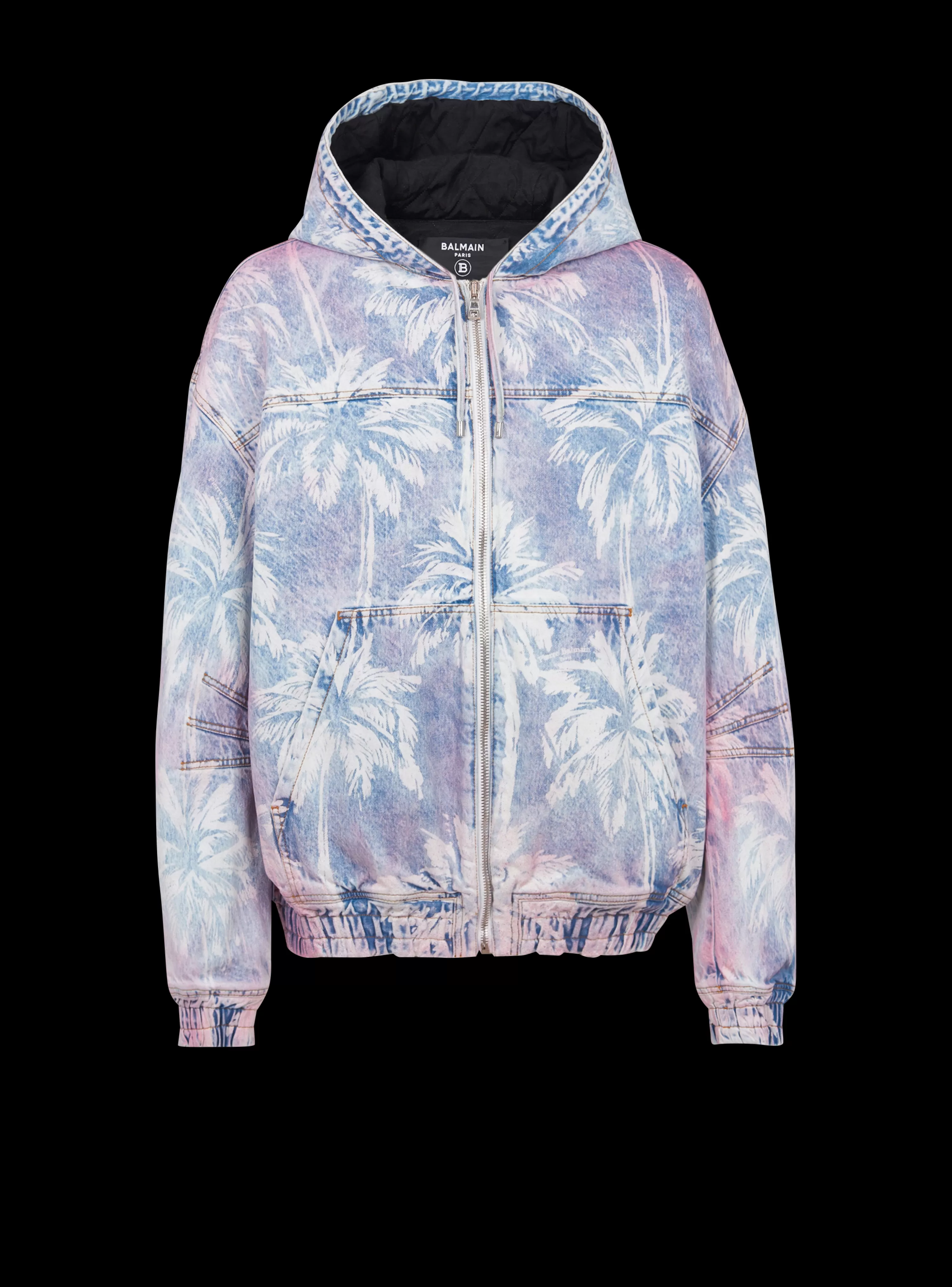 Balmain Denim Hooded Bomber Jacket With Palm Tree Print