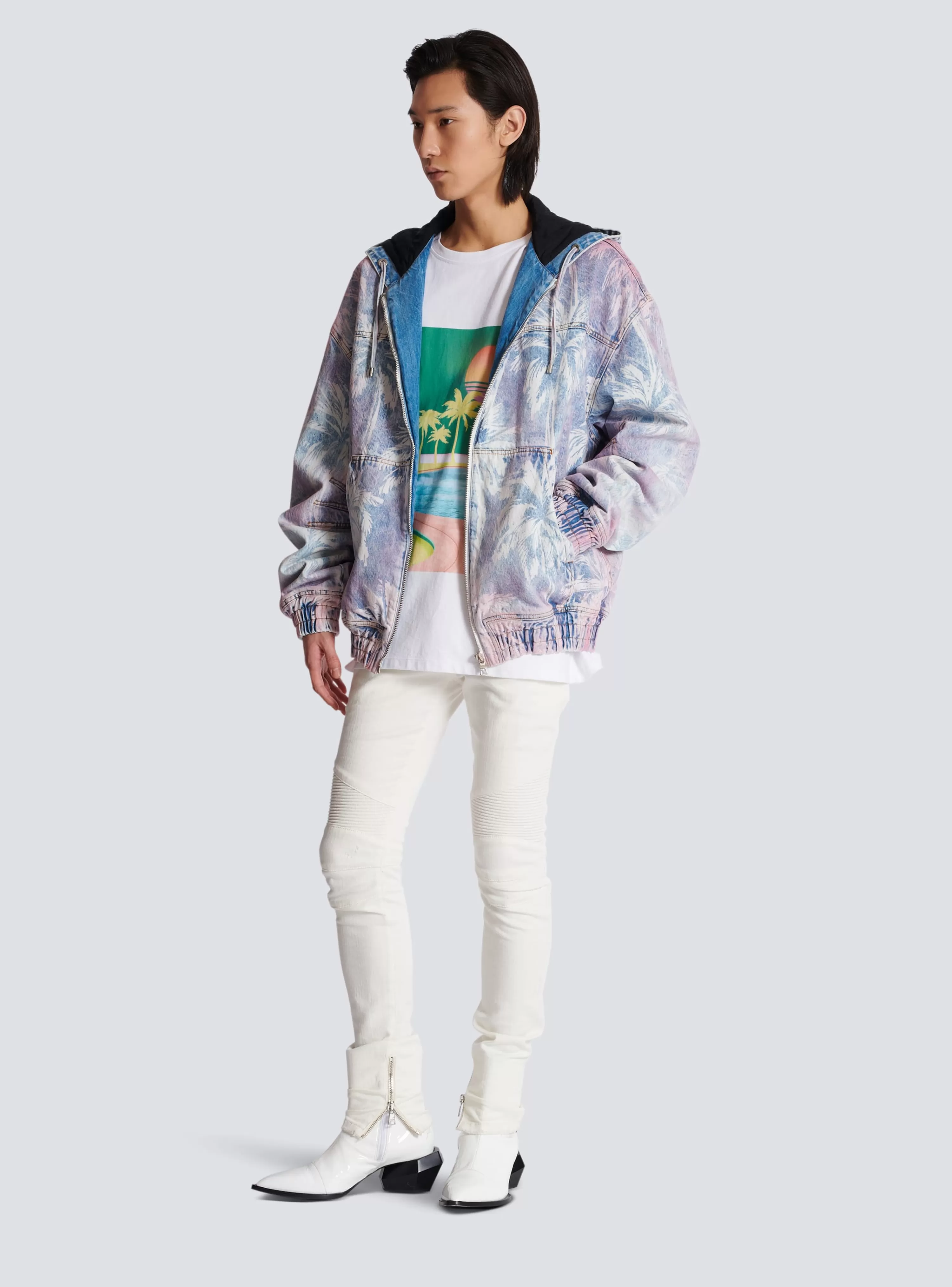 Balmain Denim Hooded Bomber Jacket With Palm Tree Print