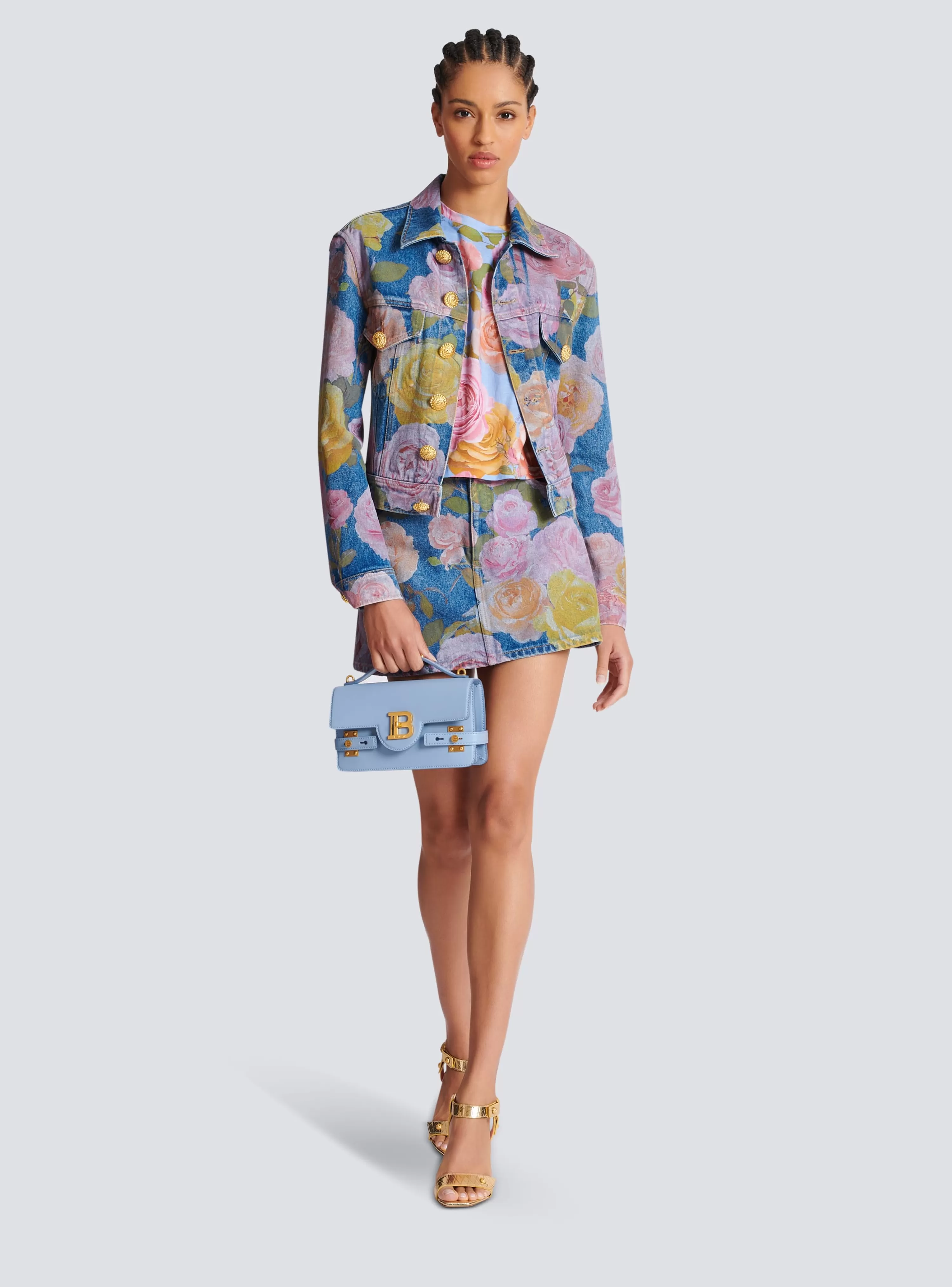 Women Balmain Denim Jacket With Pastel Roses Print