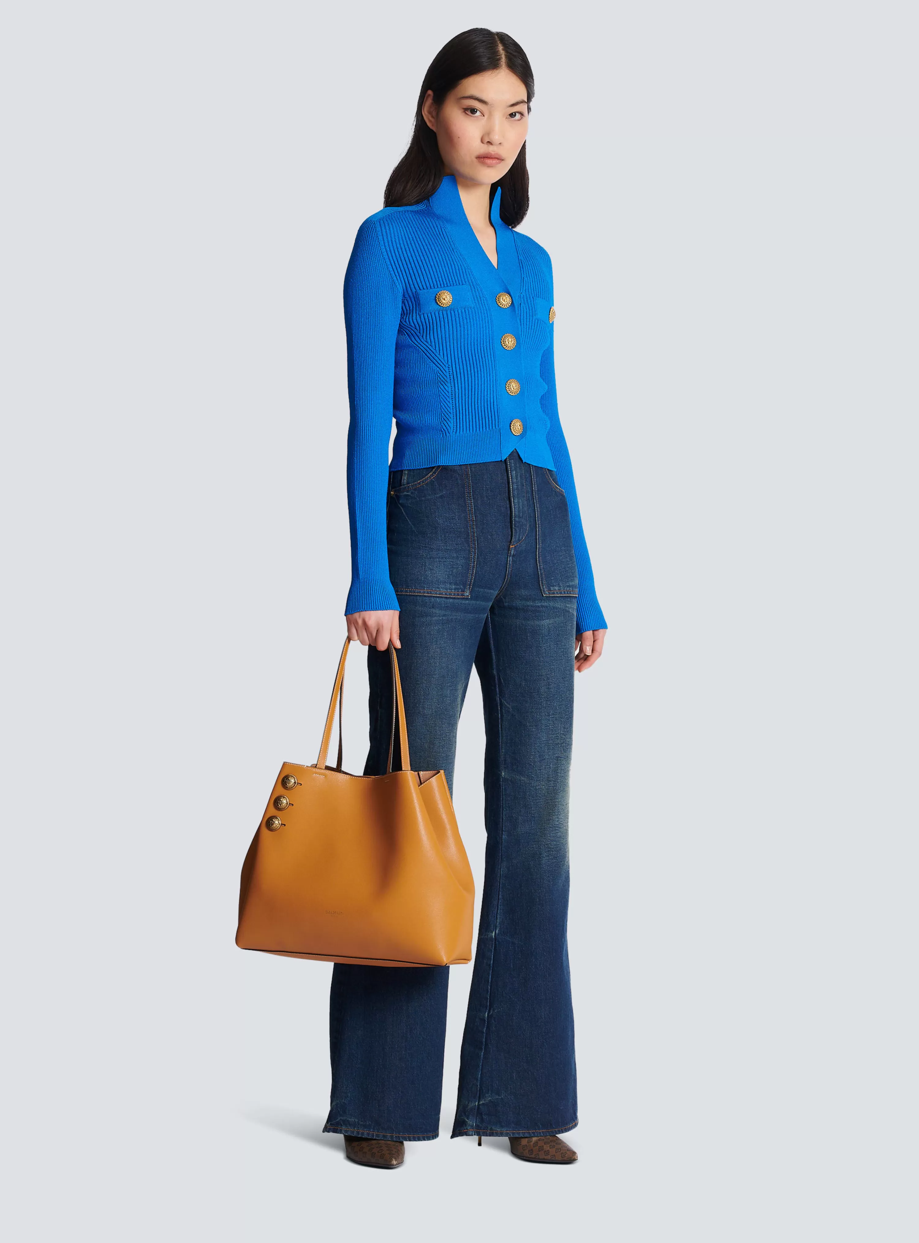 Women Balmain Emblème Grained Leather Tote Bag