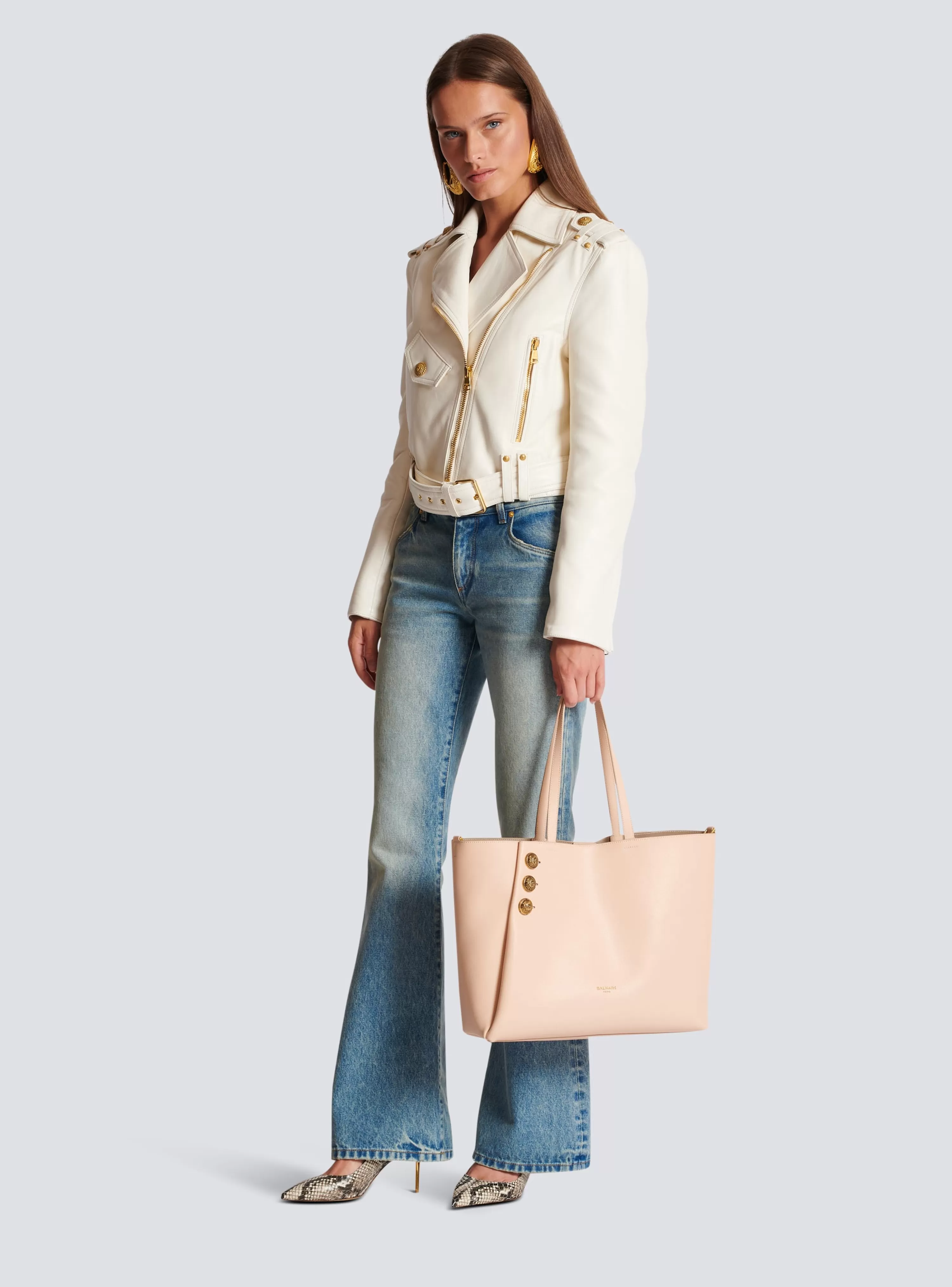 Women Balmain Emblème Grained Leather Tote Bag