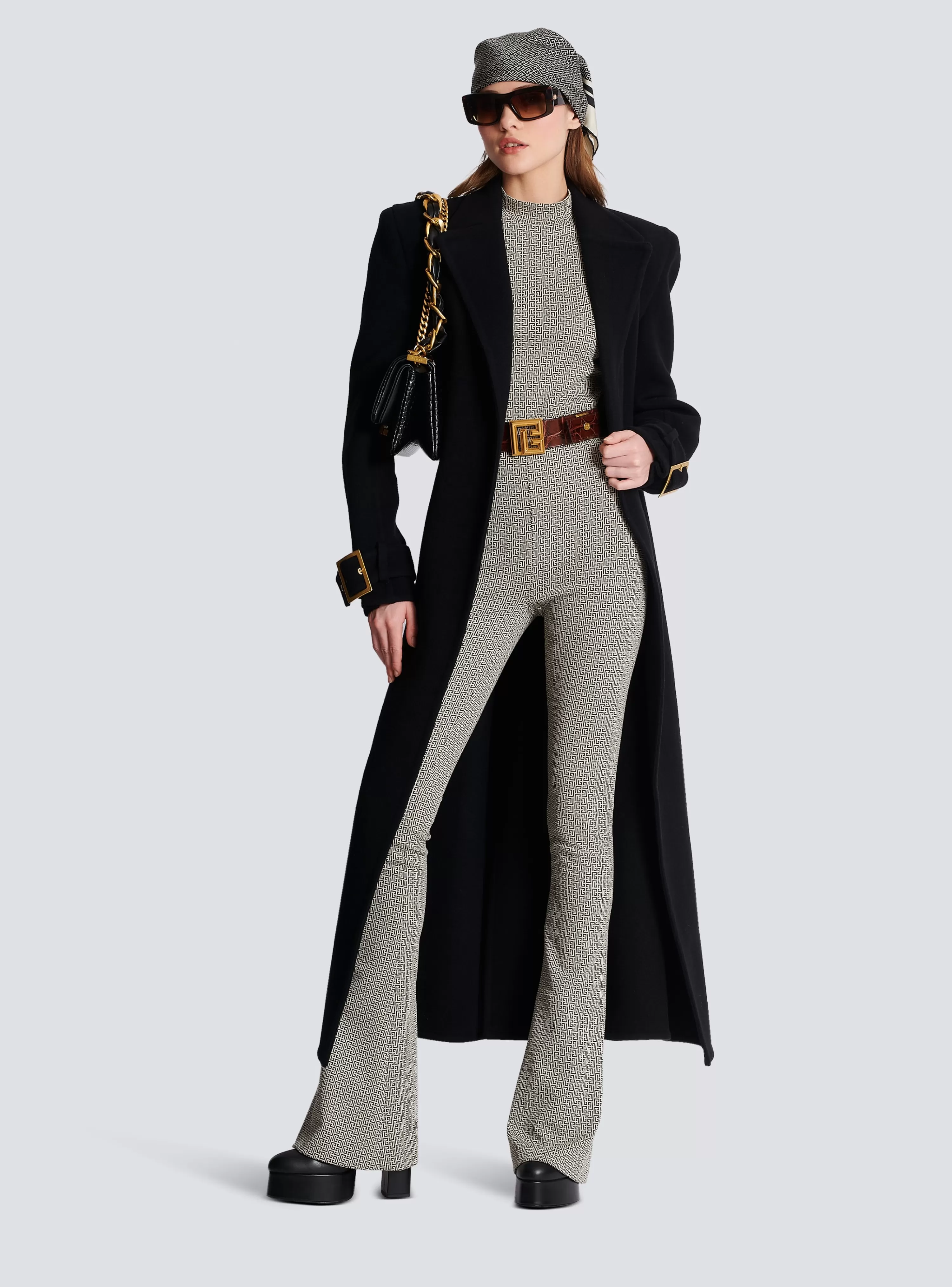 Women Balmain Flared Monogrammed Jacquard Trousers