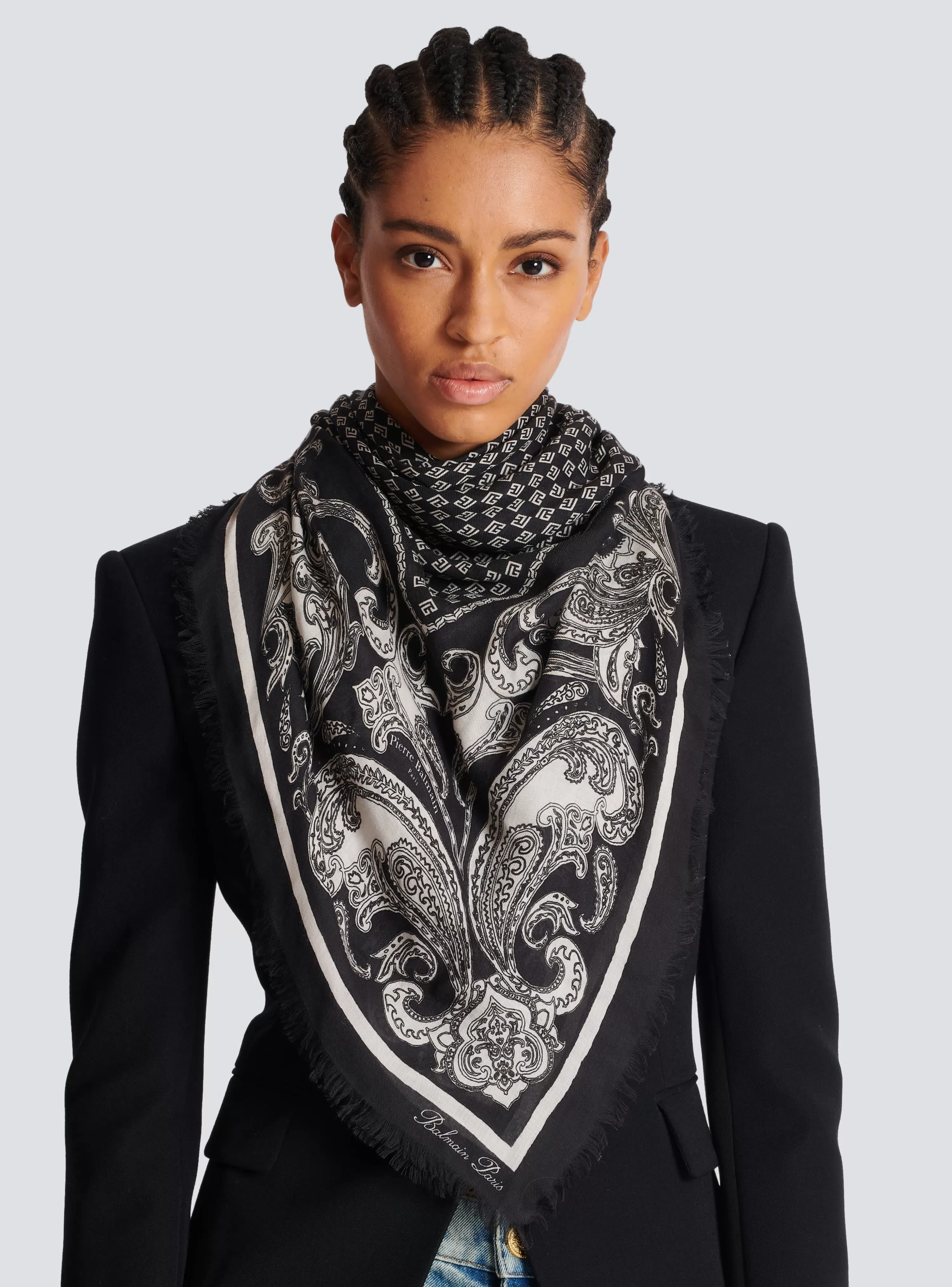 Women Balmain Floaty Scarf With Mini Monogram And Paisley Print