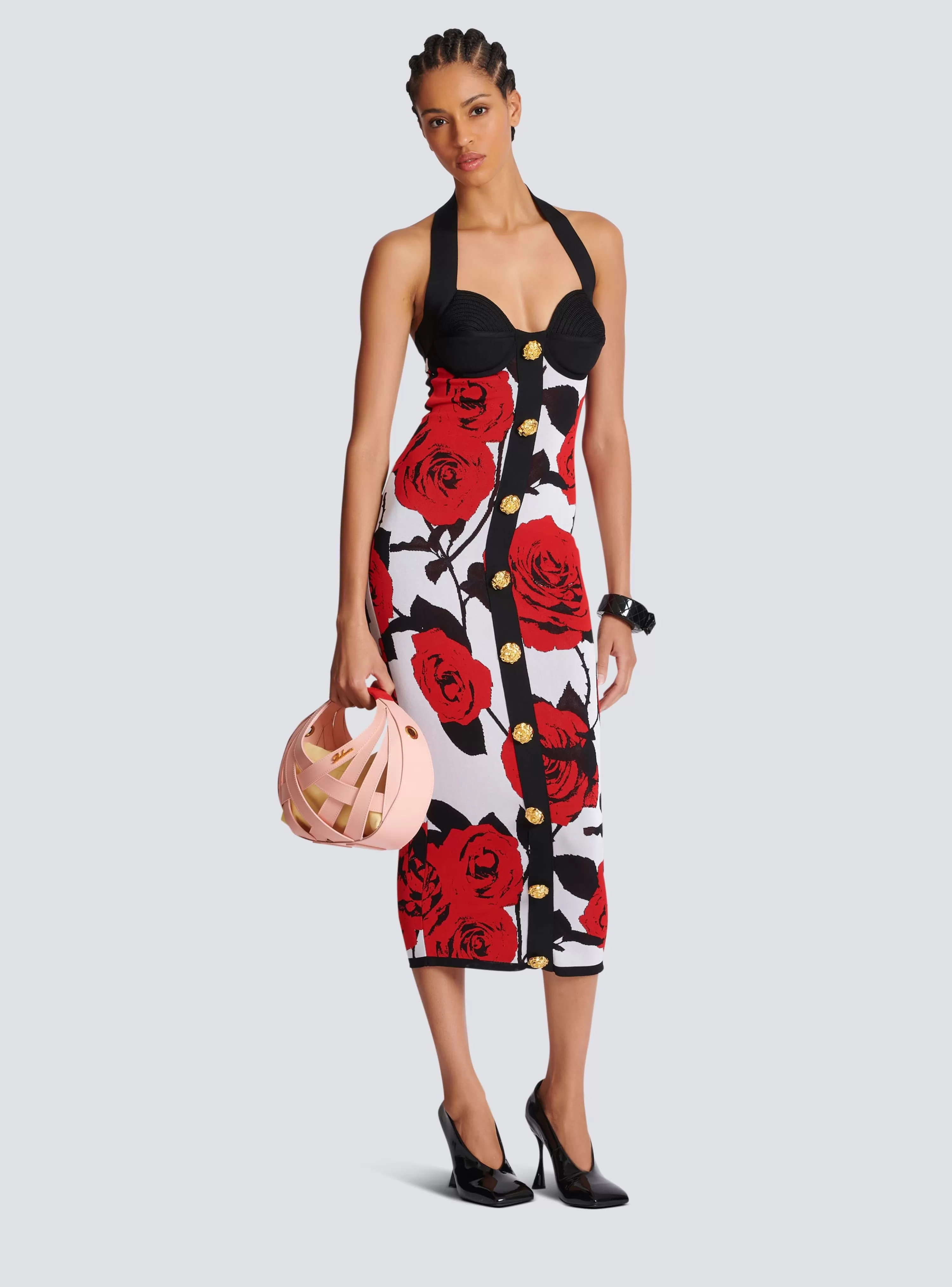 Women Balmain Halterneck Dress In Roses Jacquard Knit