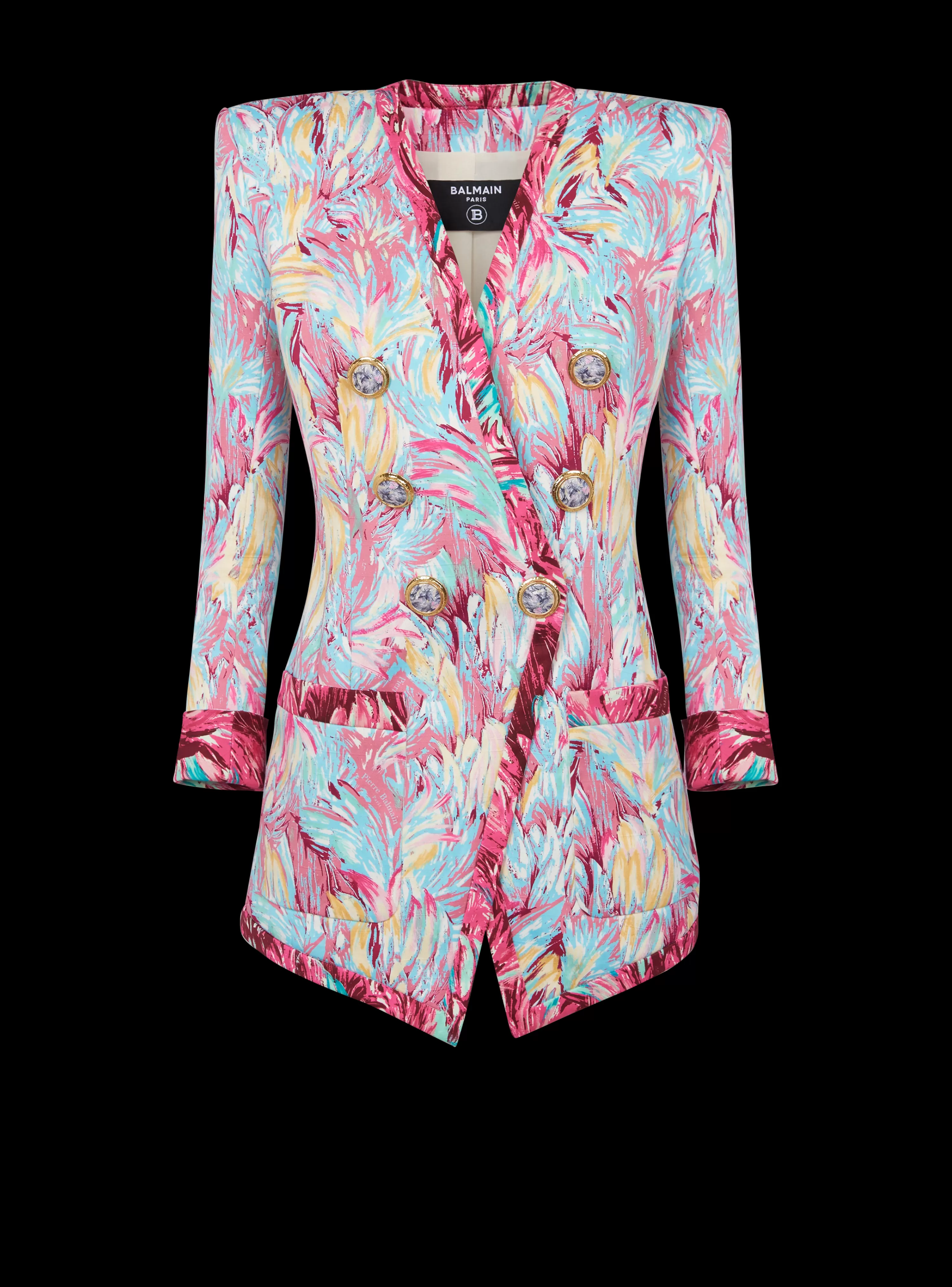 Women Balmain Long 6-button Jacket With Feather Print