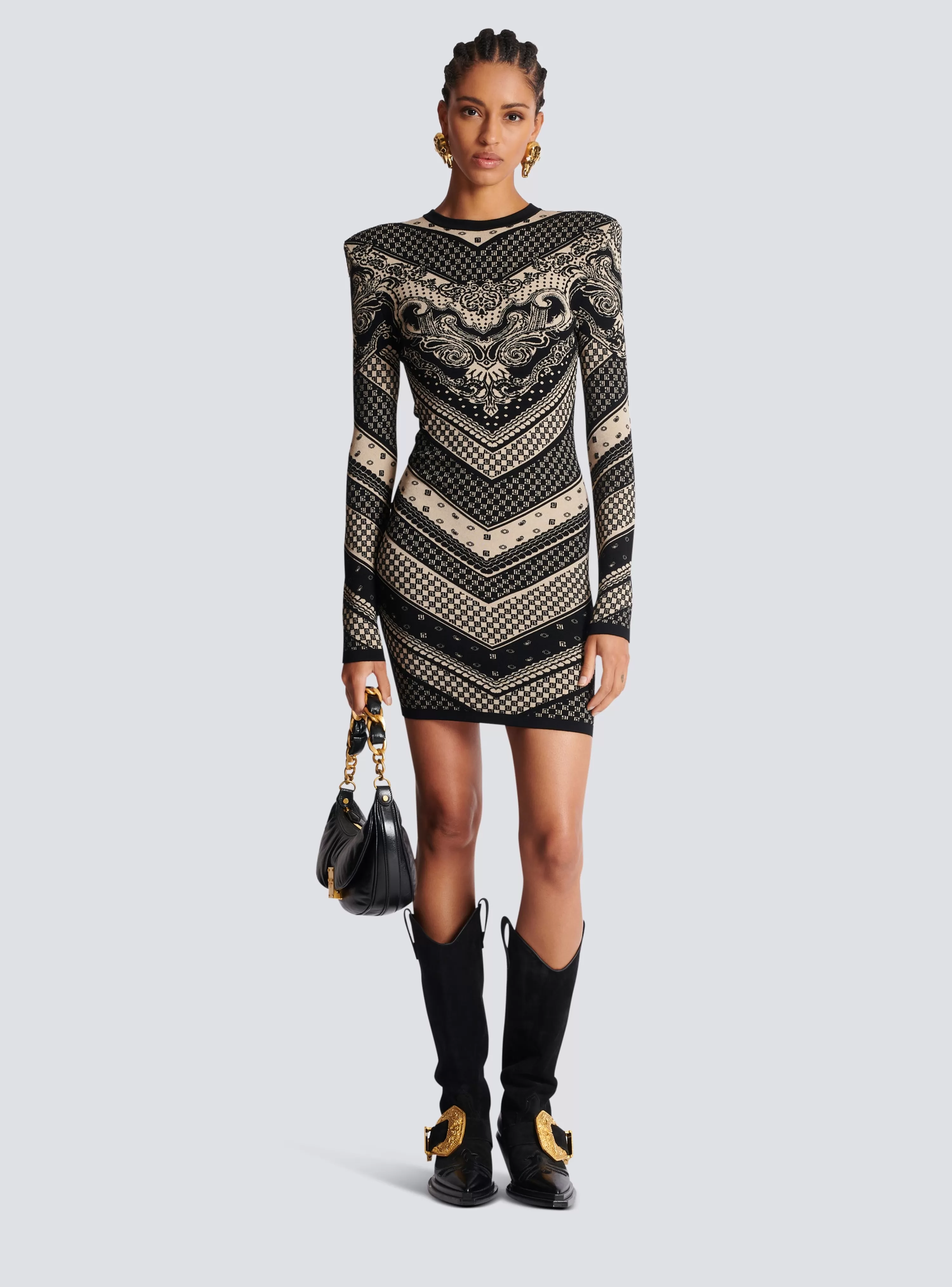 Women Balmain Monogram And Paisley Knit Short Dress