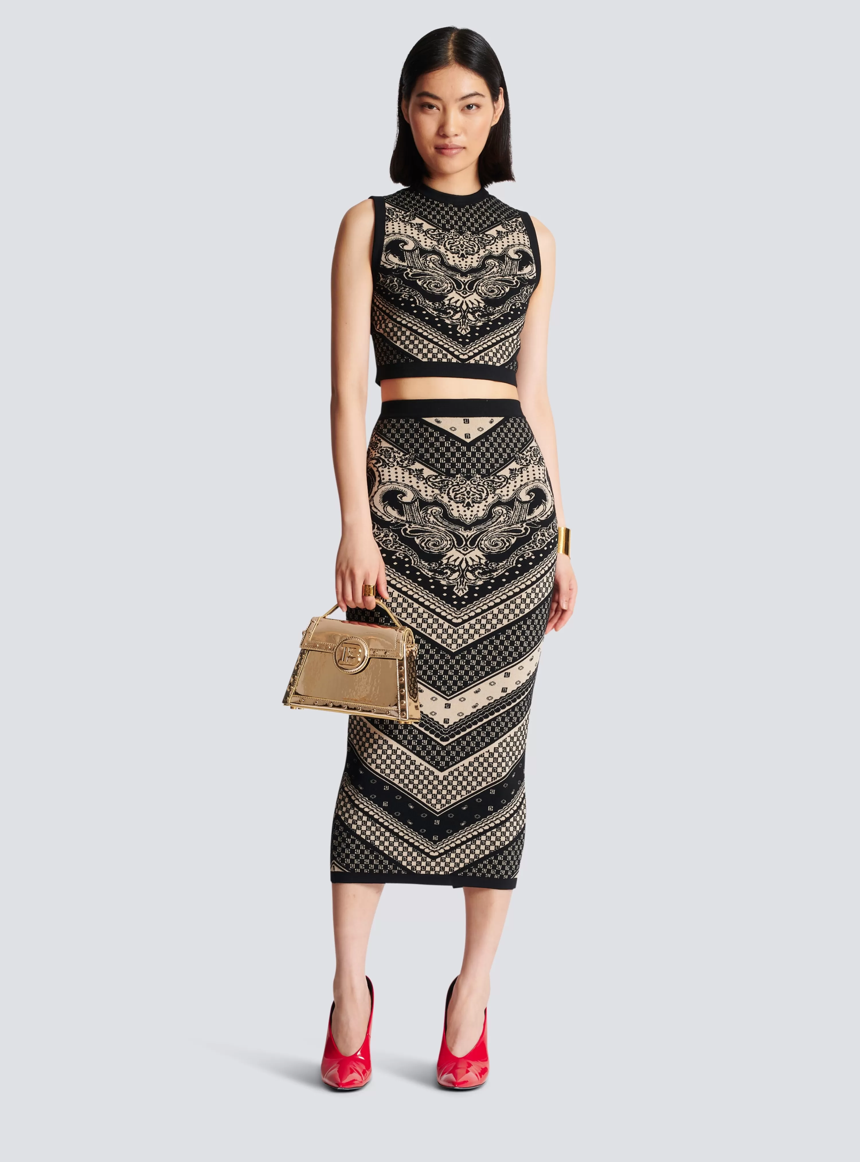 Women Balmain Monogram And Paisley Knit Skirt