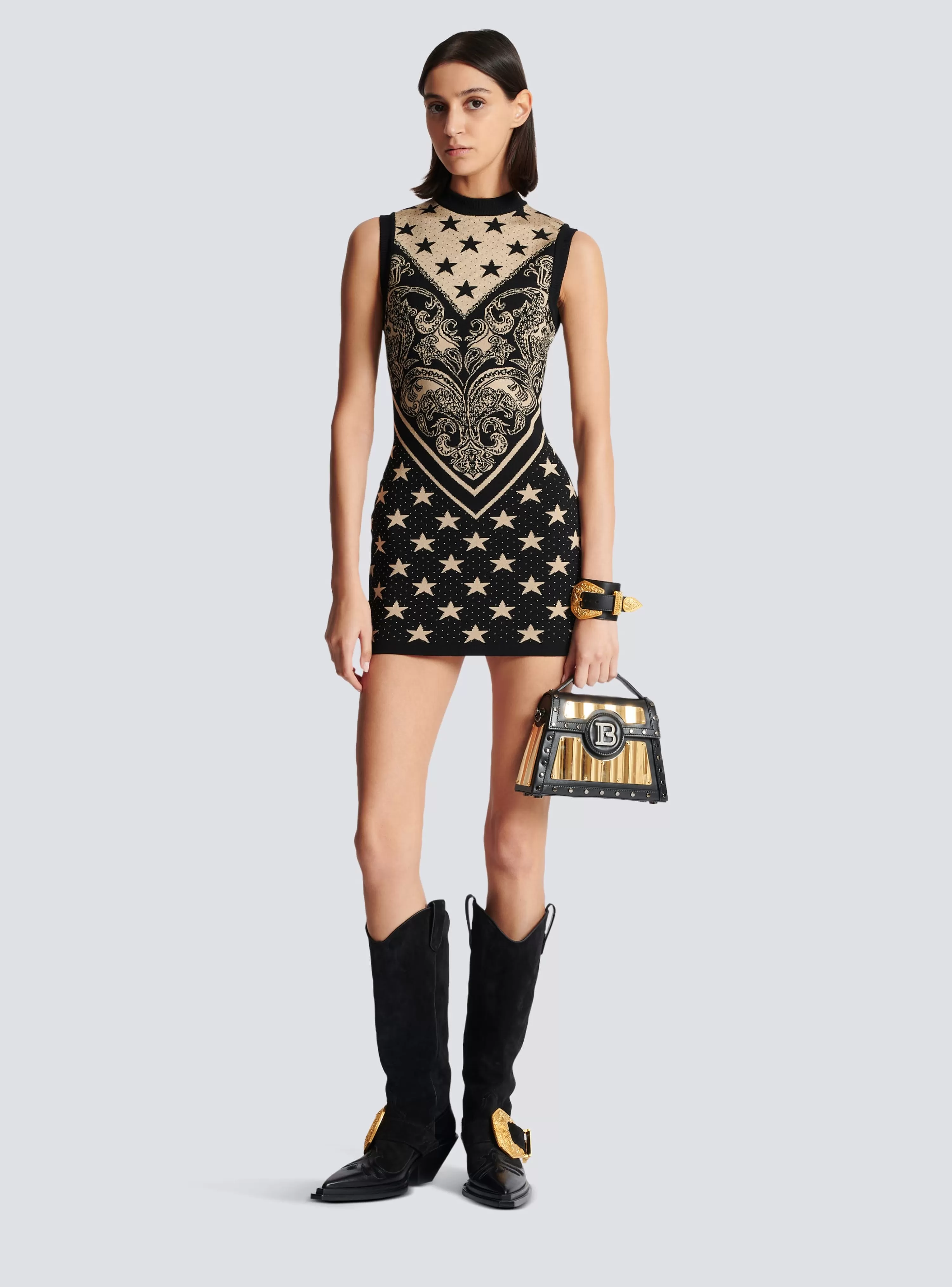 Women Balmain Monogram And Star Knit Short Dress