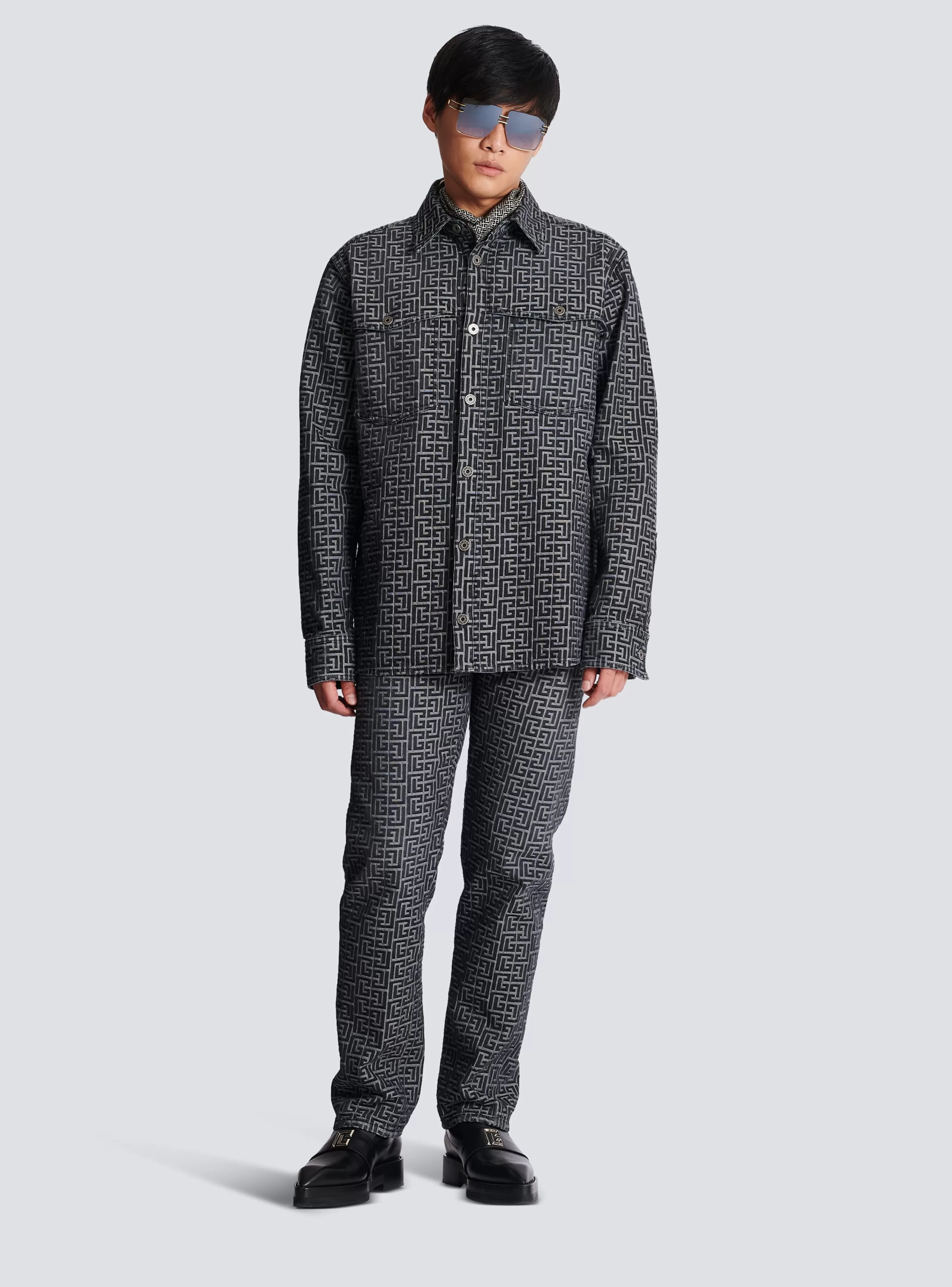 Balmain Monogrammed Jacquard Denim Shirt 