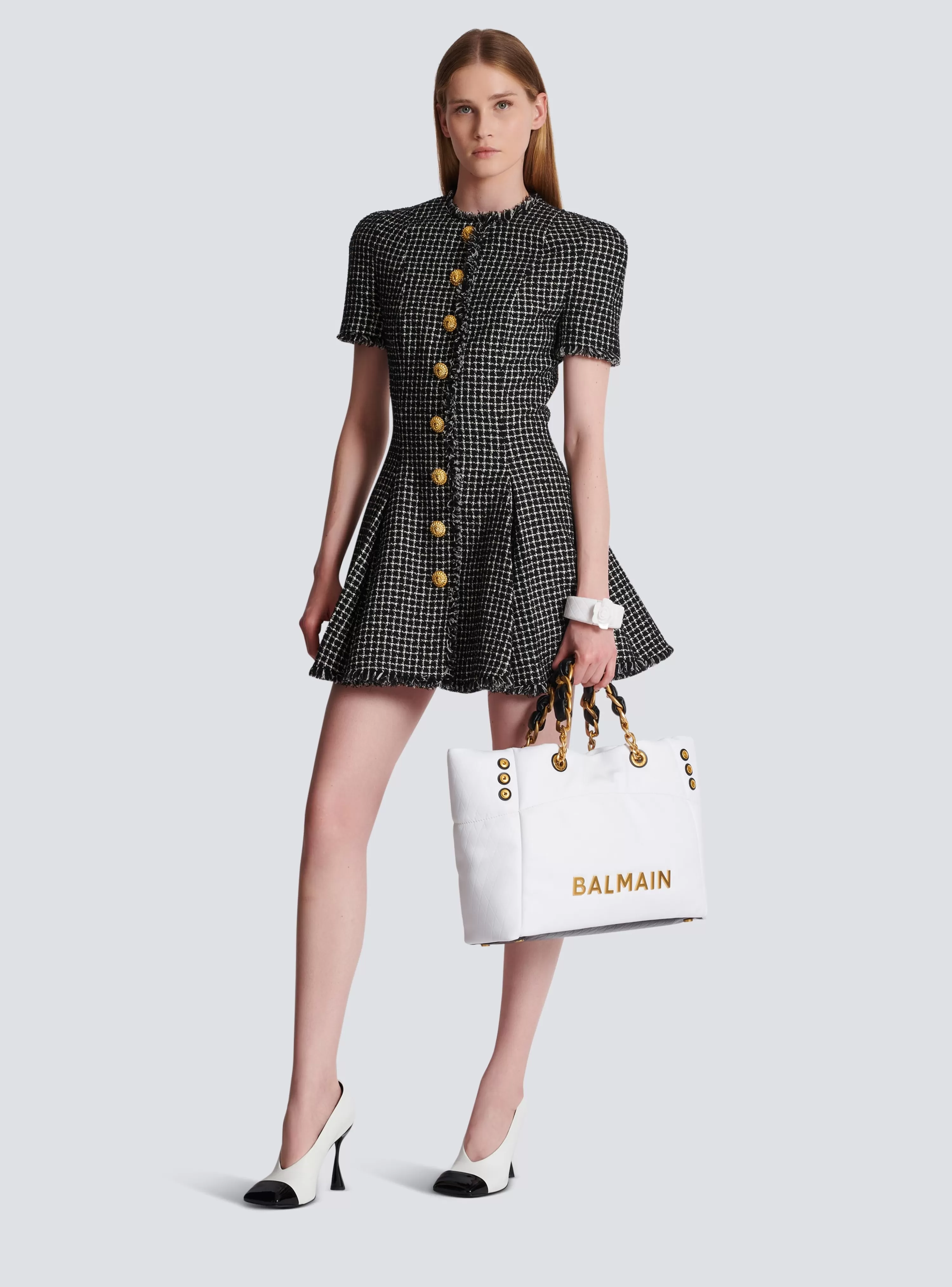 Women Balmain Pleated Flared Dress In Gingham Tweed