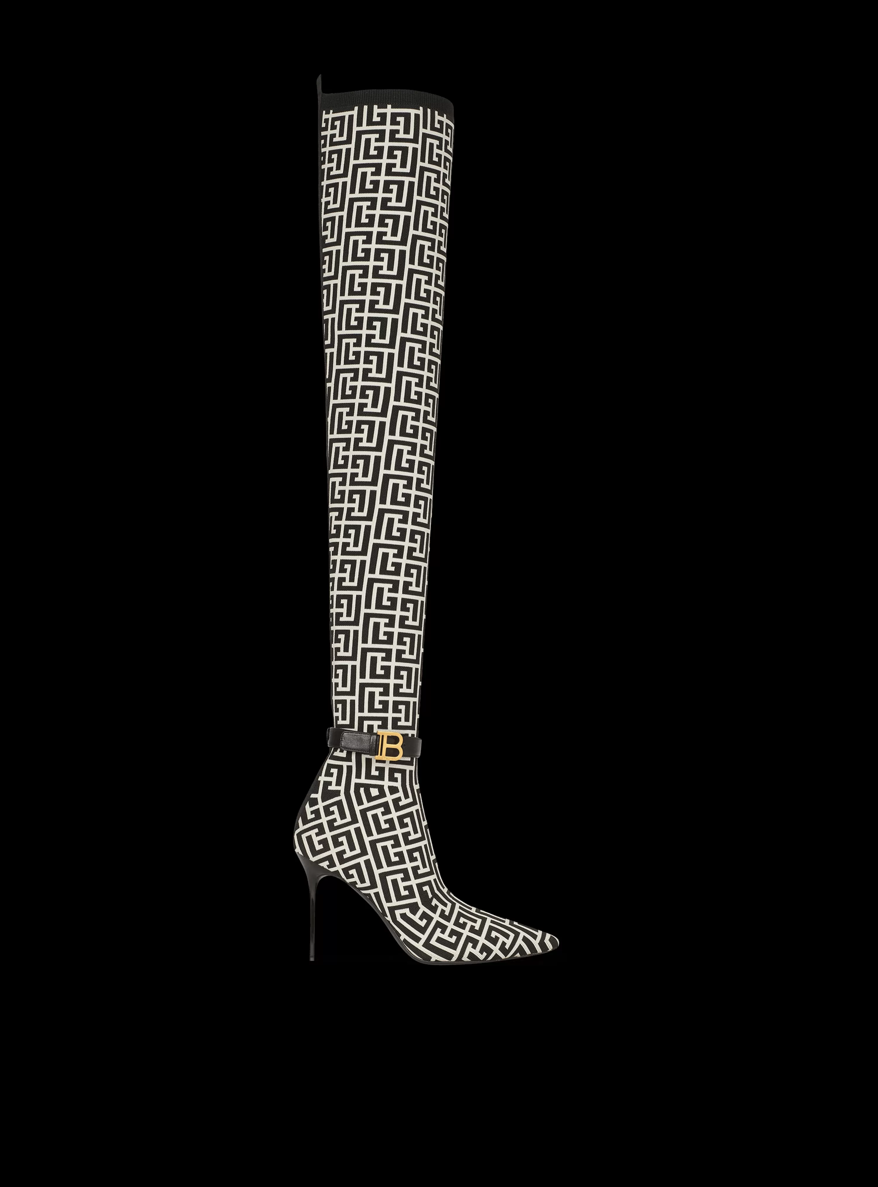 Women Balmain Raven Monogrammed Knit Thigh-high Boots