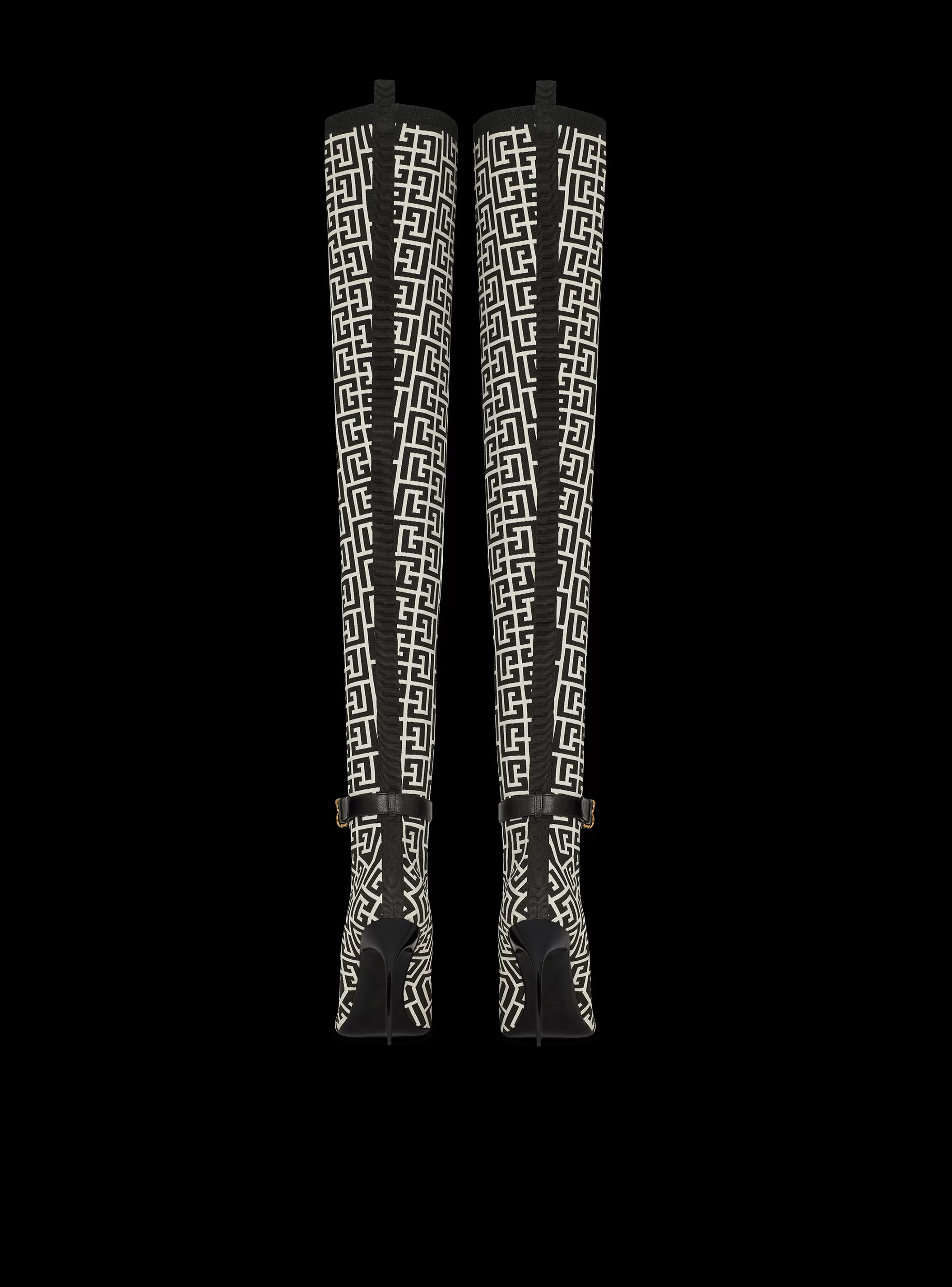 Women Balmain Raven Monogrammed Knit Thigh-high Boots