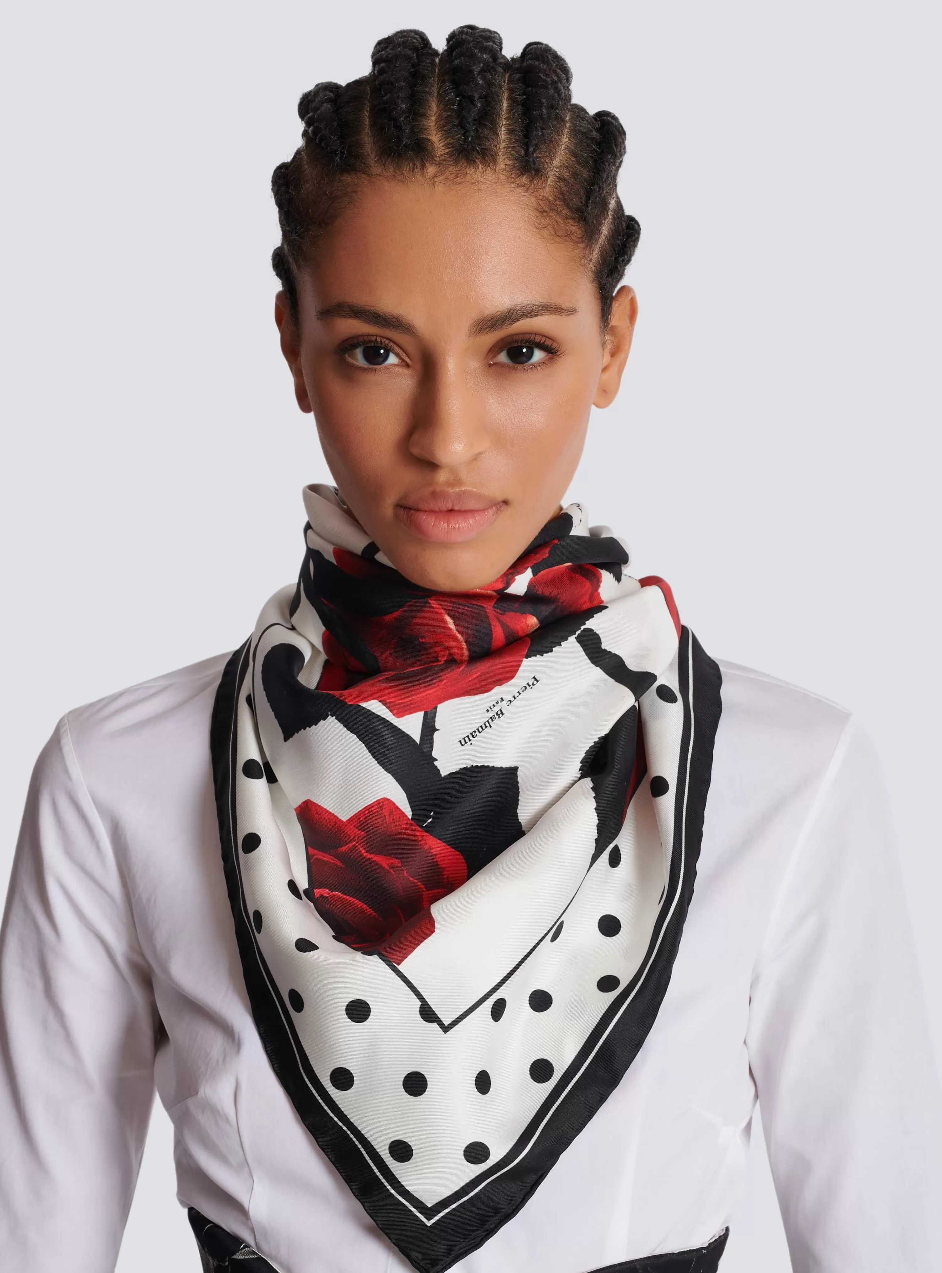 Women Balmain Roses And Polka Dots Printed Silk Scarf