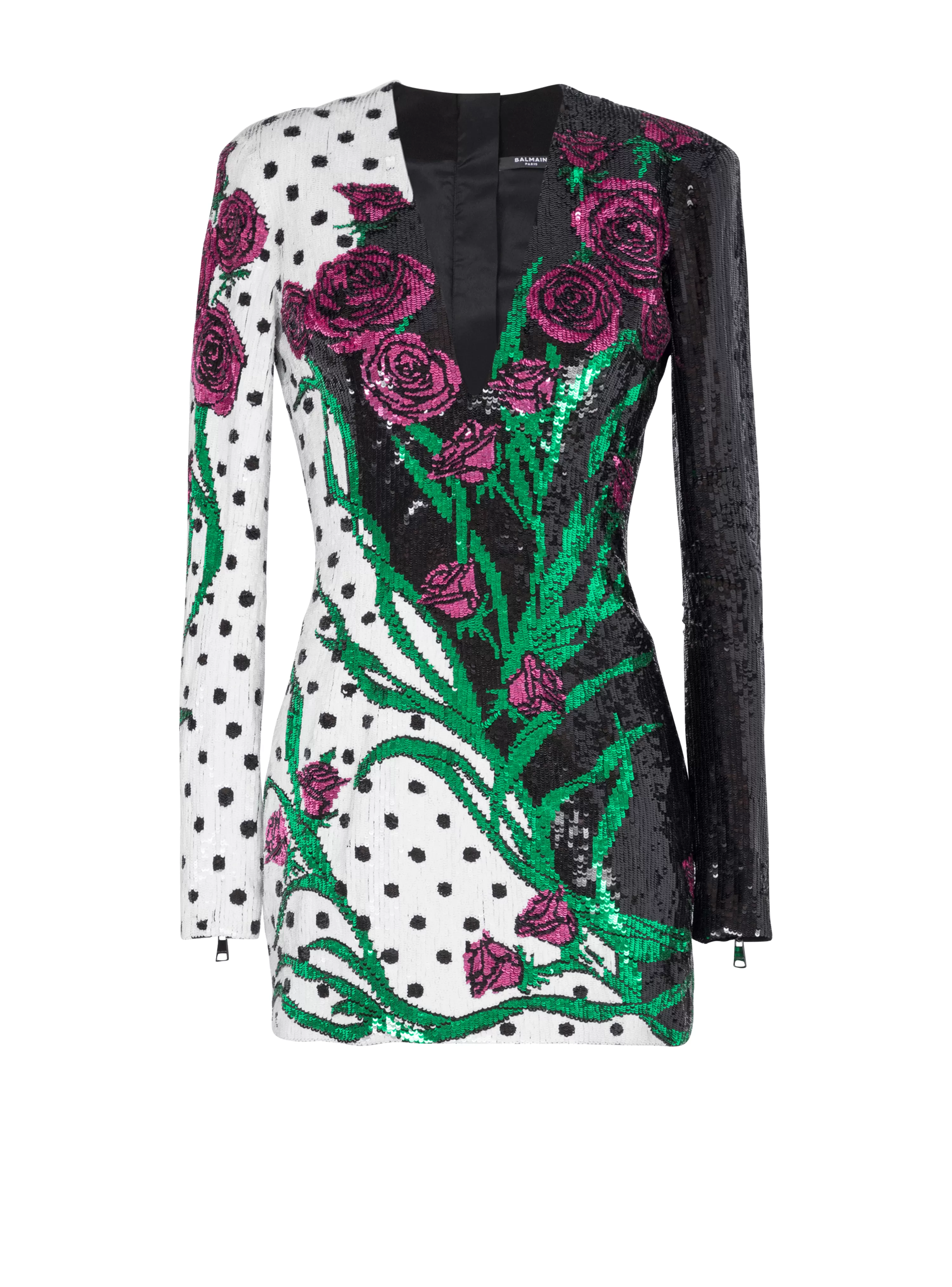 Women Balmain Short Embroidered Roses And Polka Dots Dress