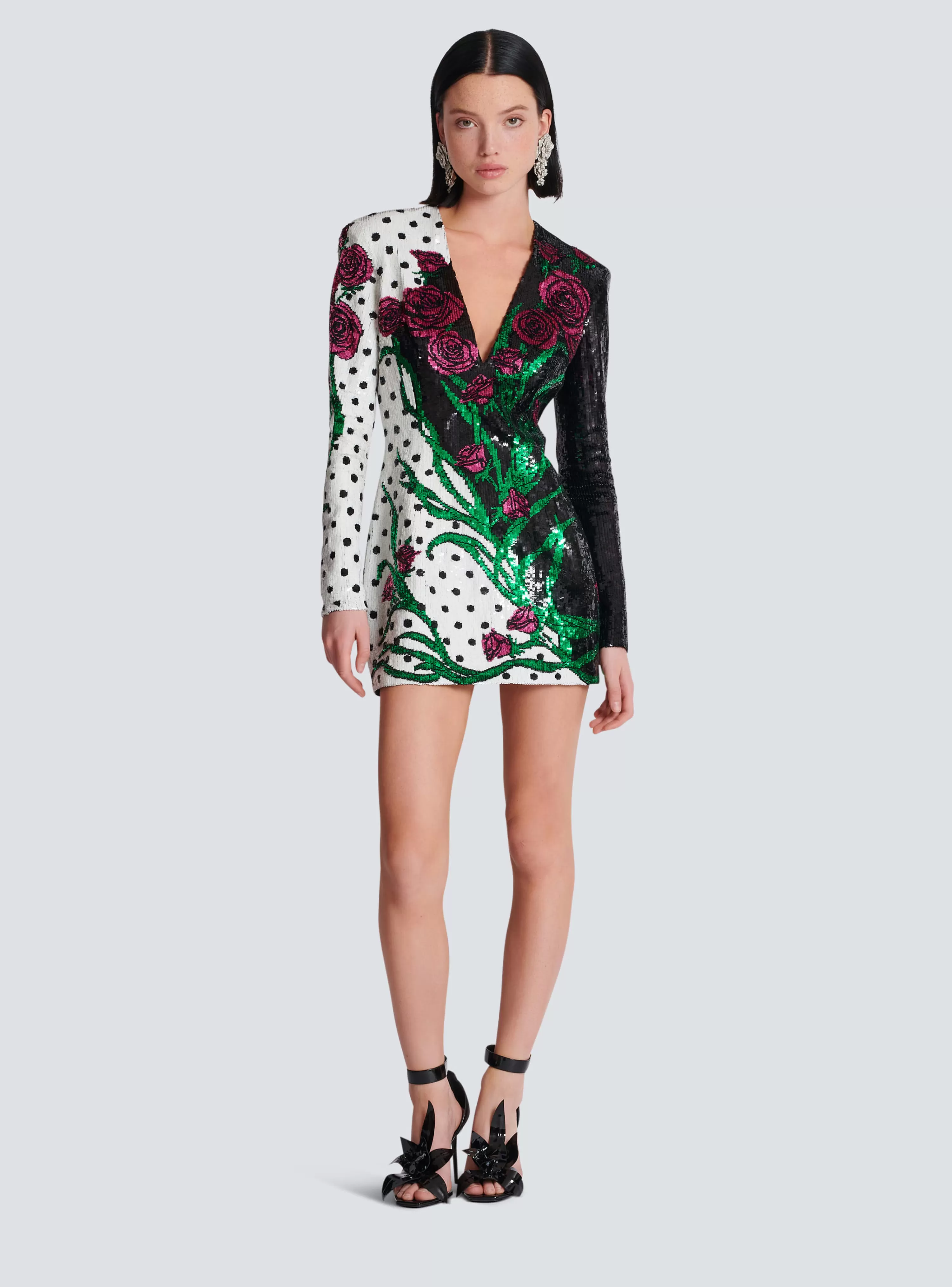 Women Balmain Short Embroidered Roses And Polka Dots Dress