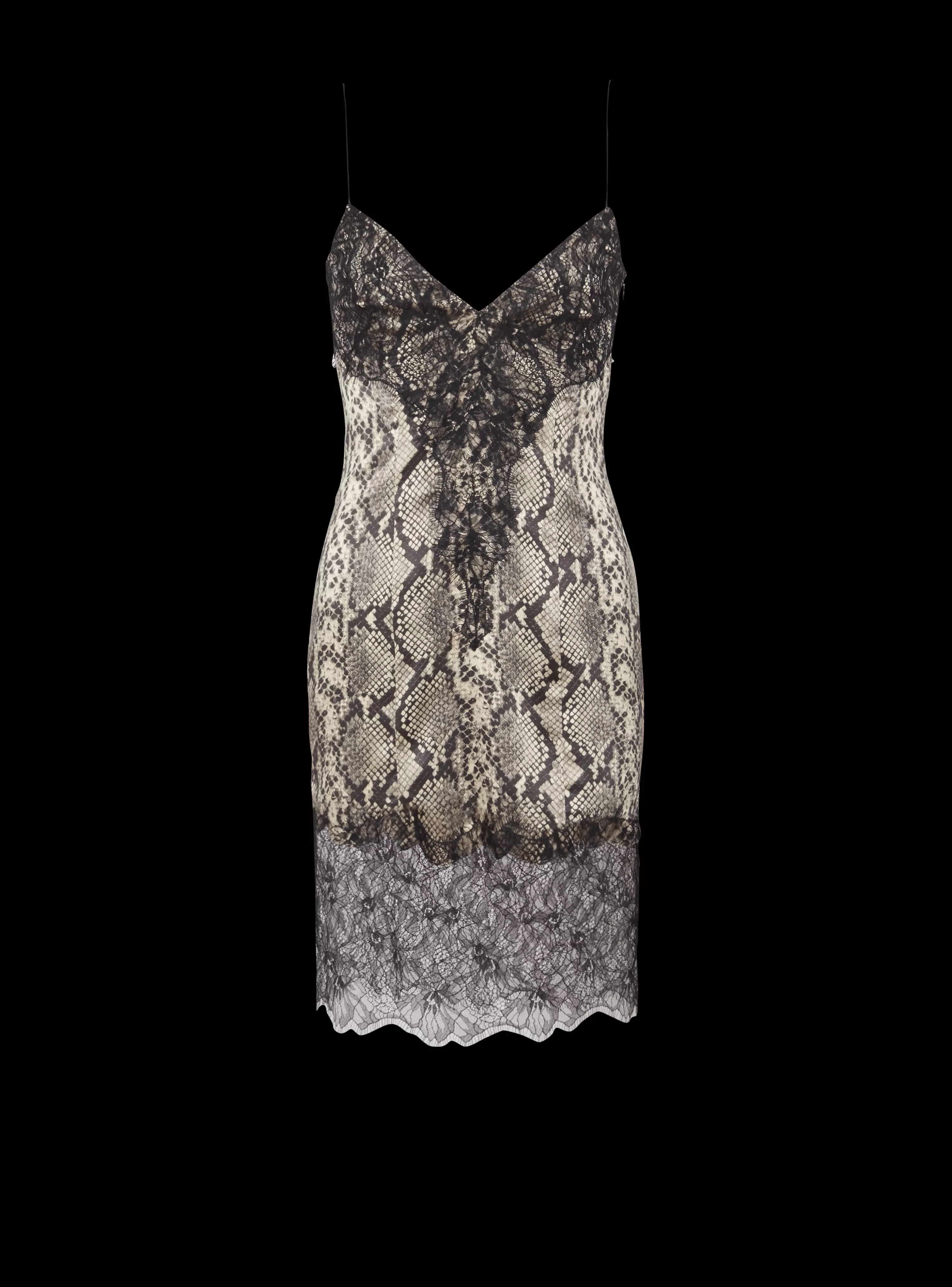 Women Balmain Snakeskin Silk And Lace Spaghetti Strap Dress