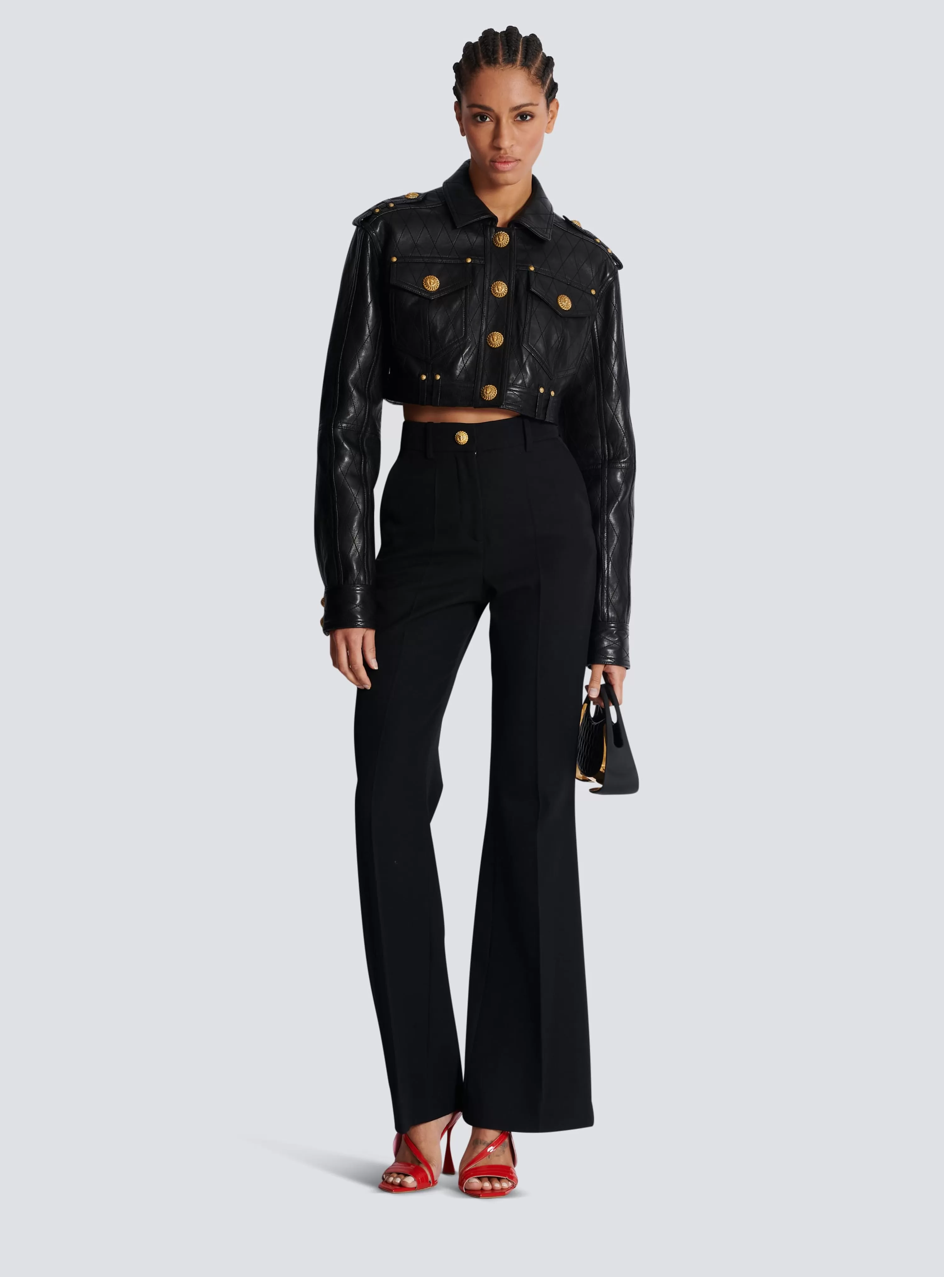 Women Balmain Topstitched Cropped Leather Jacket