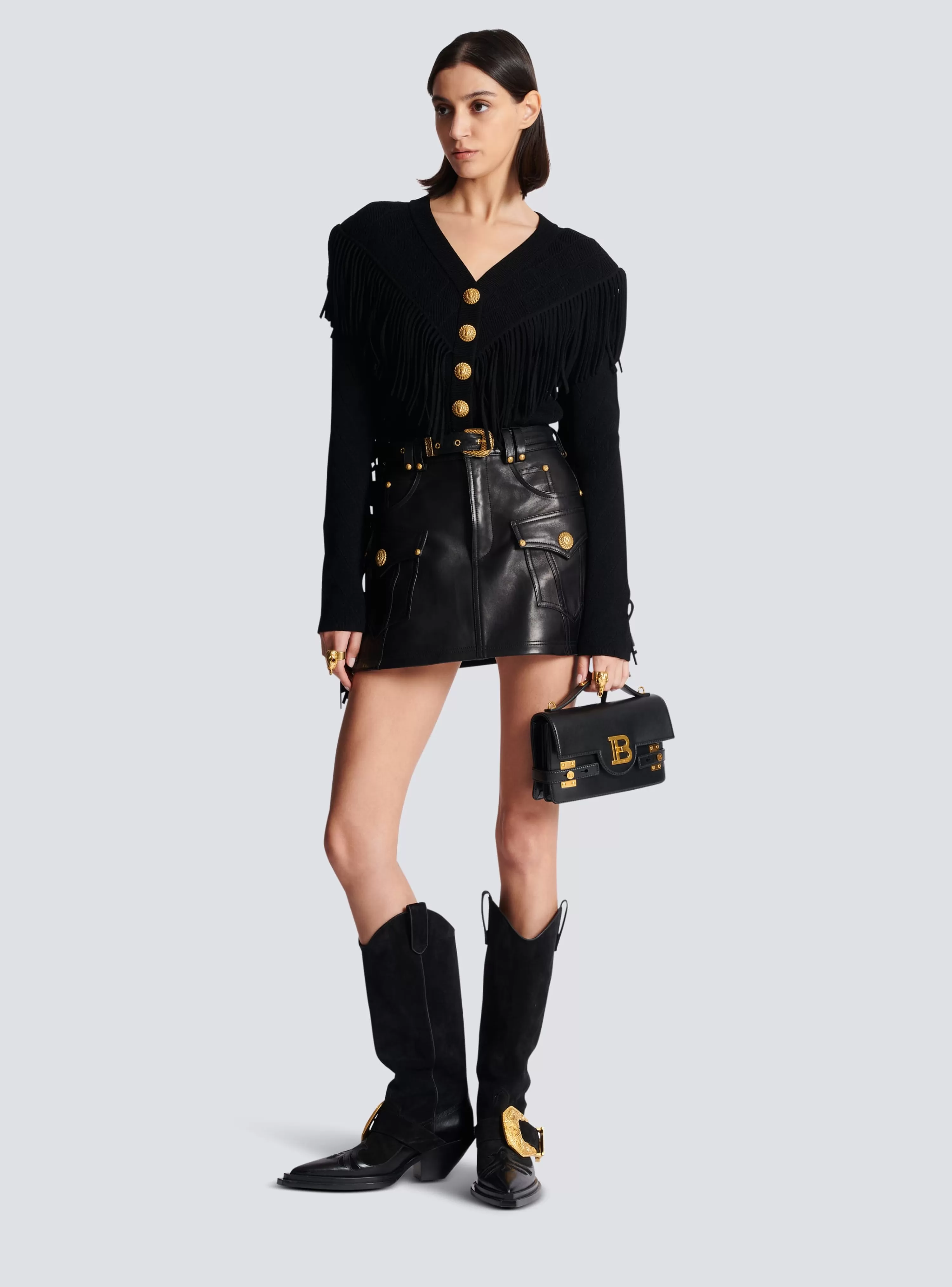 Women Balmain Western Leather A-line Skirt